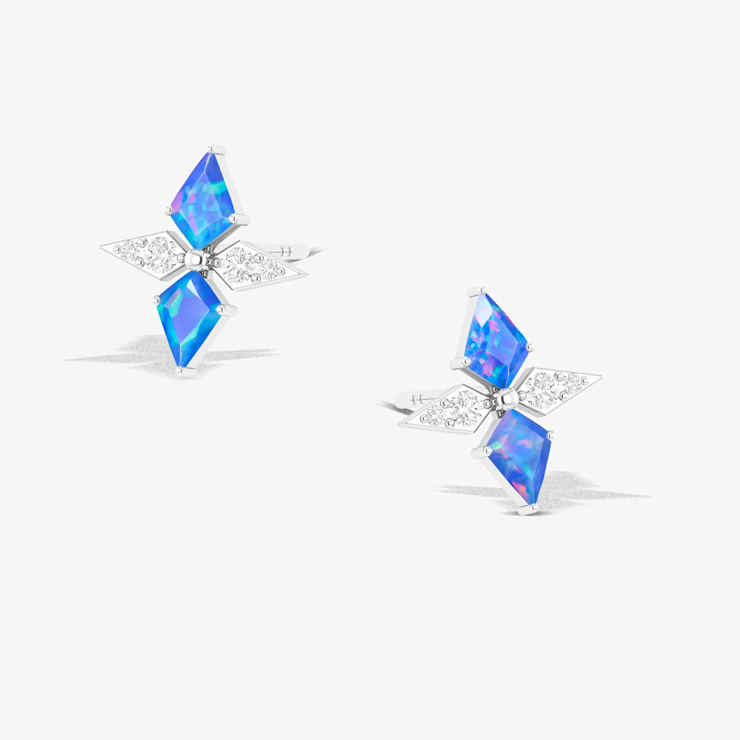 Blue Opal Dual Kite Gemstone Floral Stud Earrings