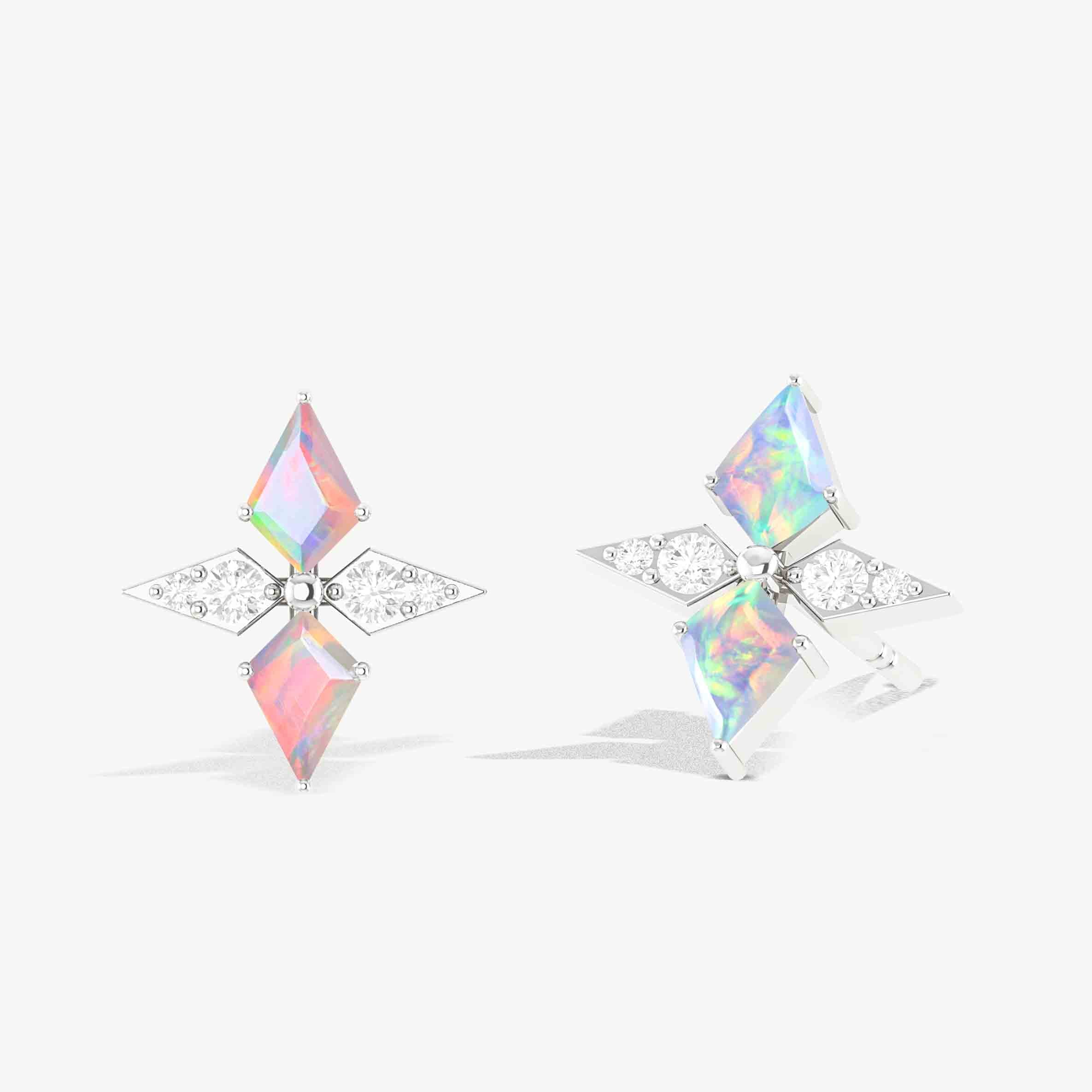 White Opal Dual Kite Gemstone Floral Stud Earrings