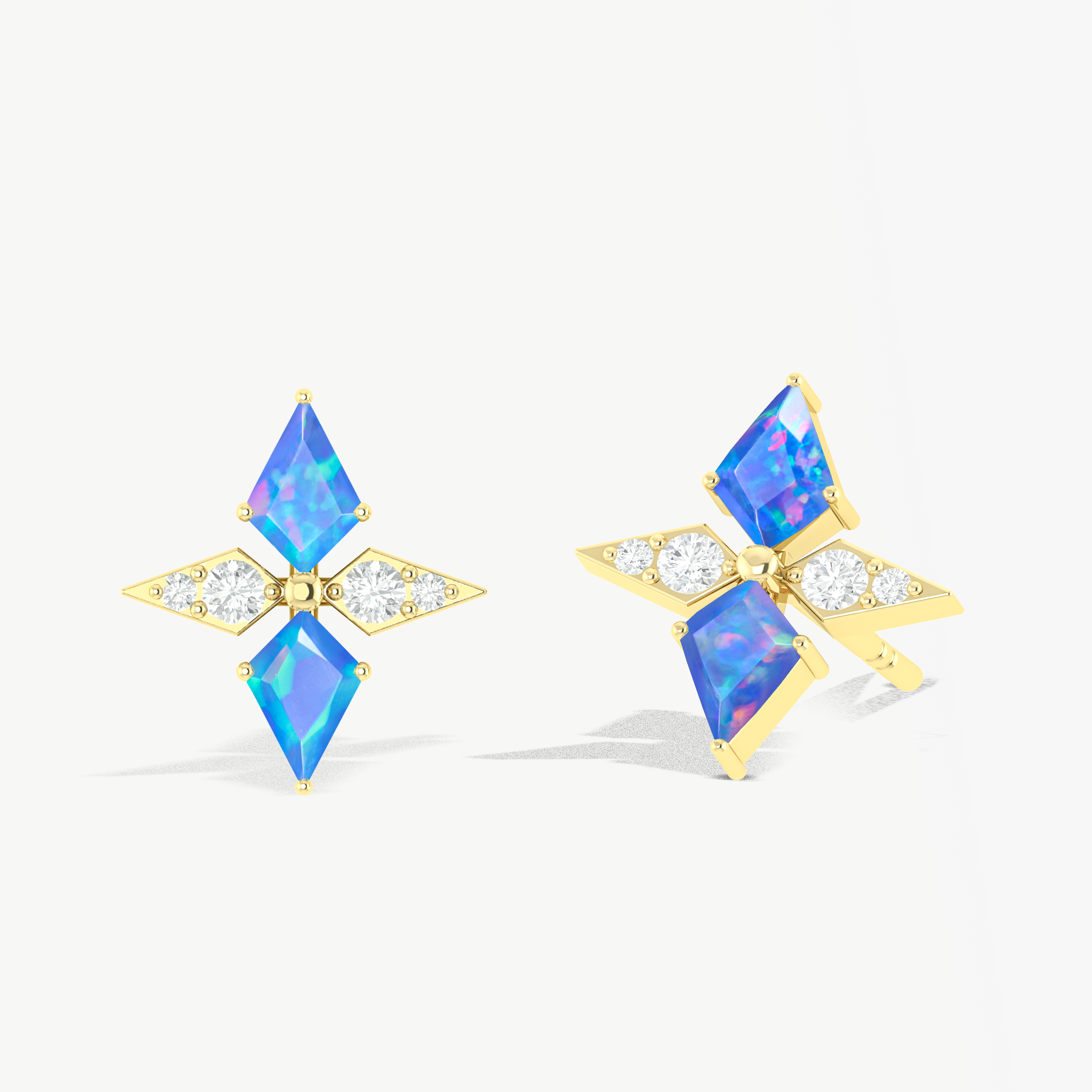 Blue Opal Dual Kite Gemstone Floral Stud Earrings
