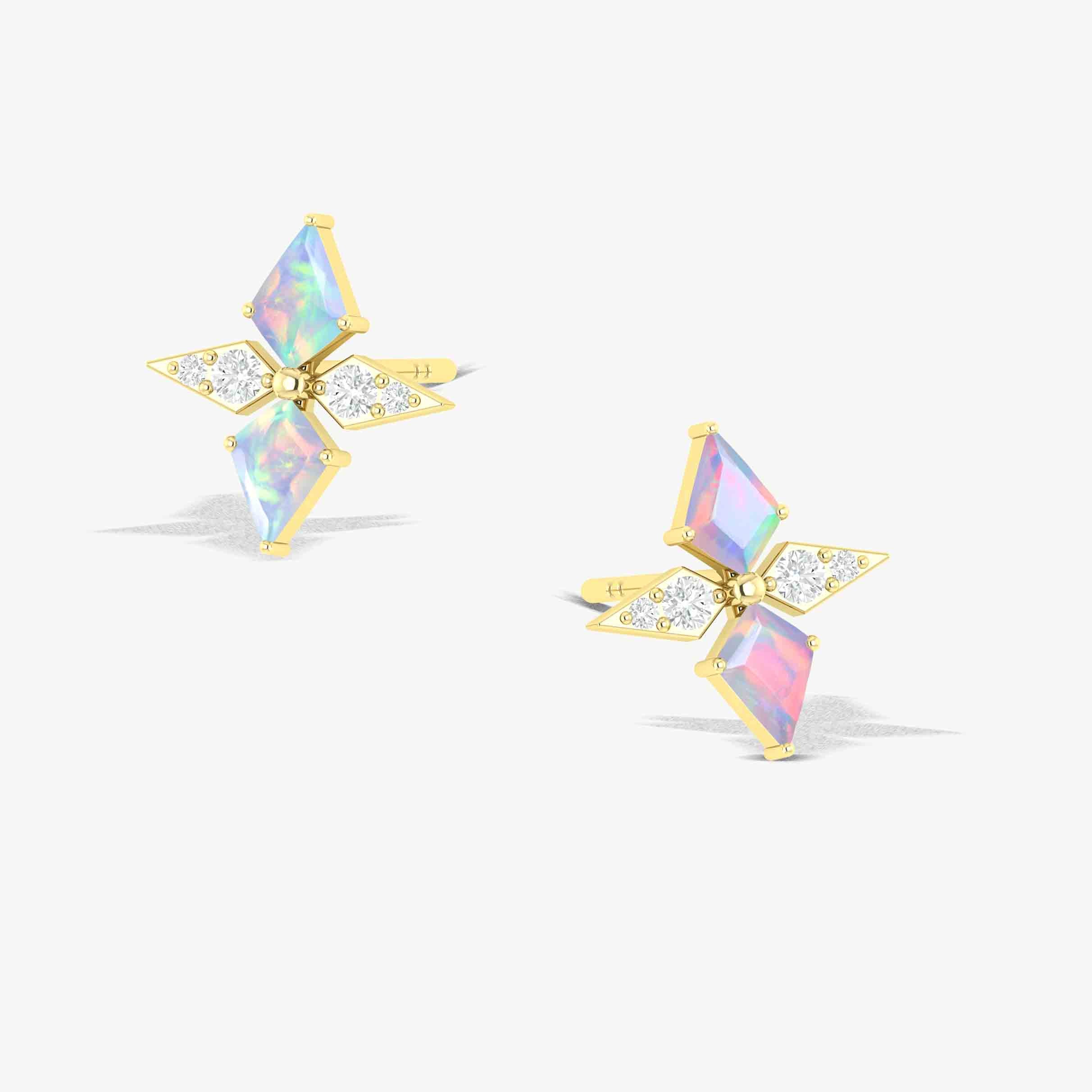 White Opal Dual Kite Gemstone Floral Stud Earrings