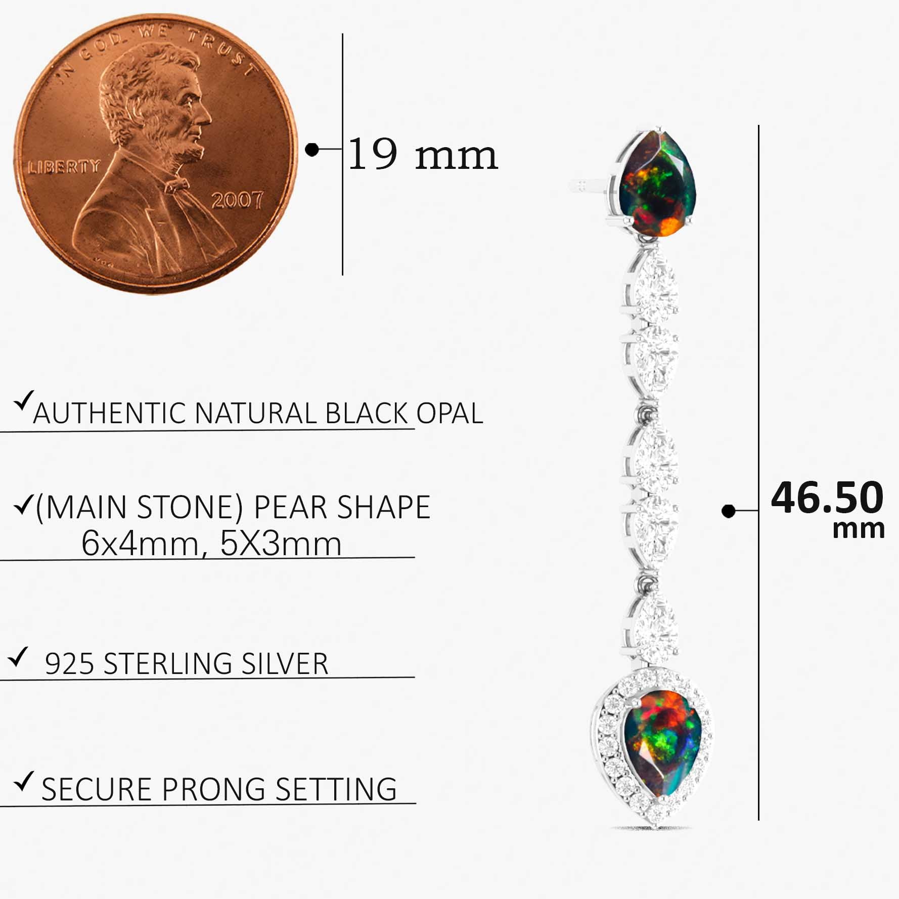Natural Black Opal Long Drop Stud Earring