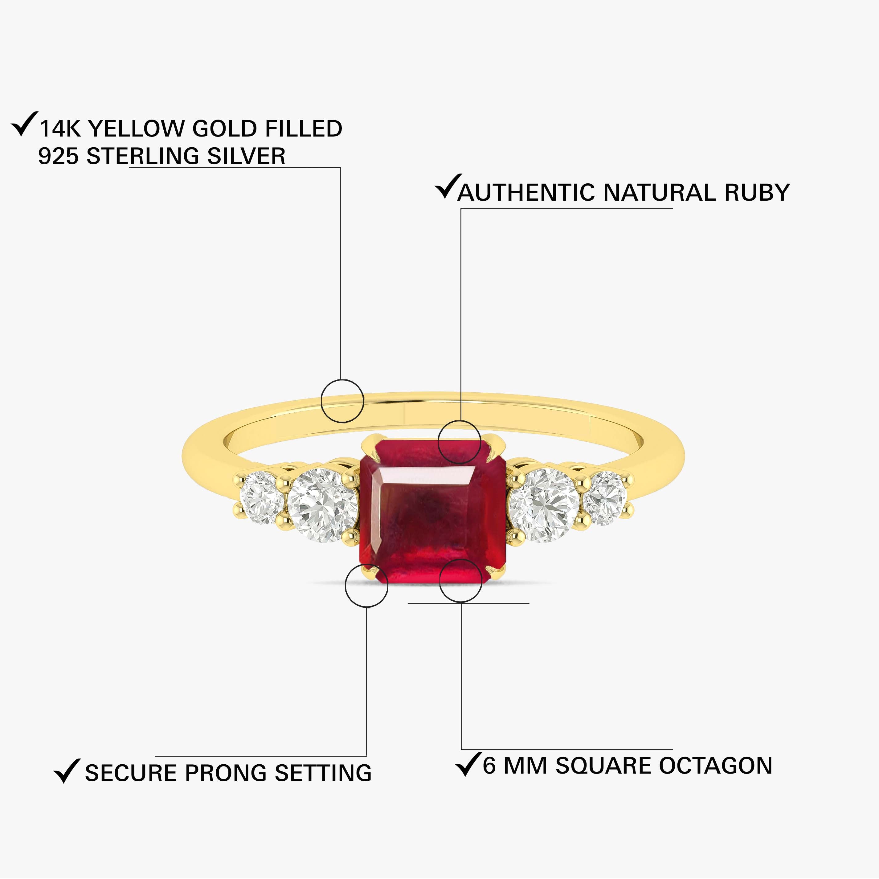 Natural Ruby Square Stone with Side Zircon Statement Ring