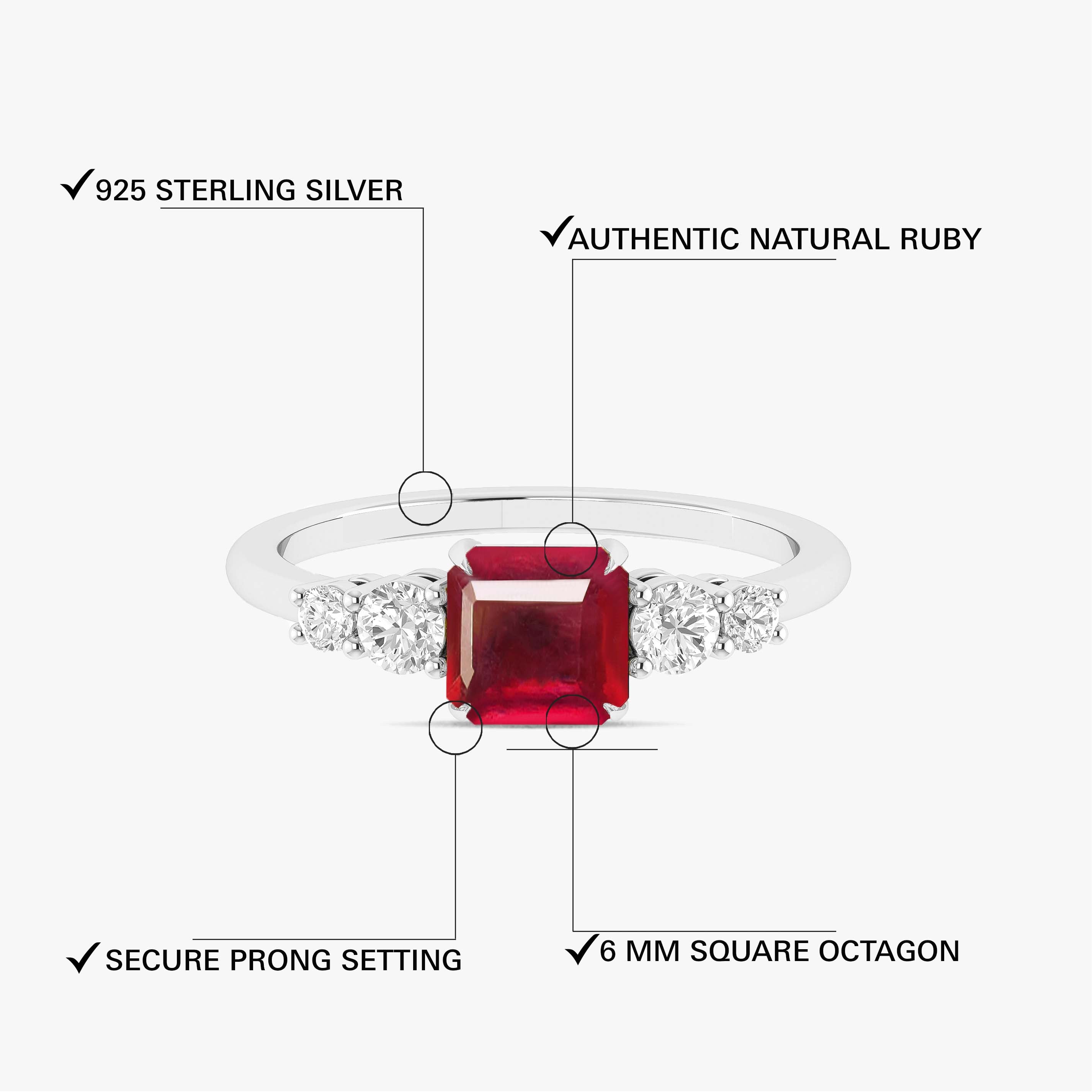 Natural Red Ruby Faceted Octagon Gemstone Ring