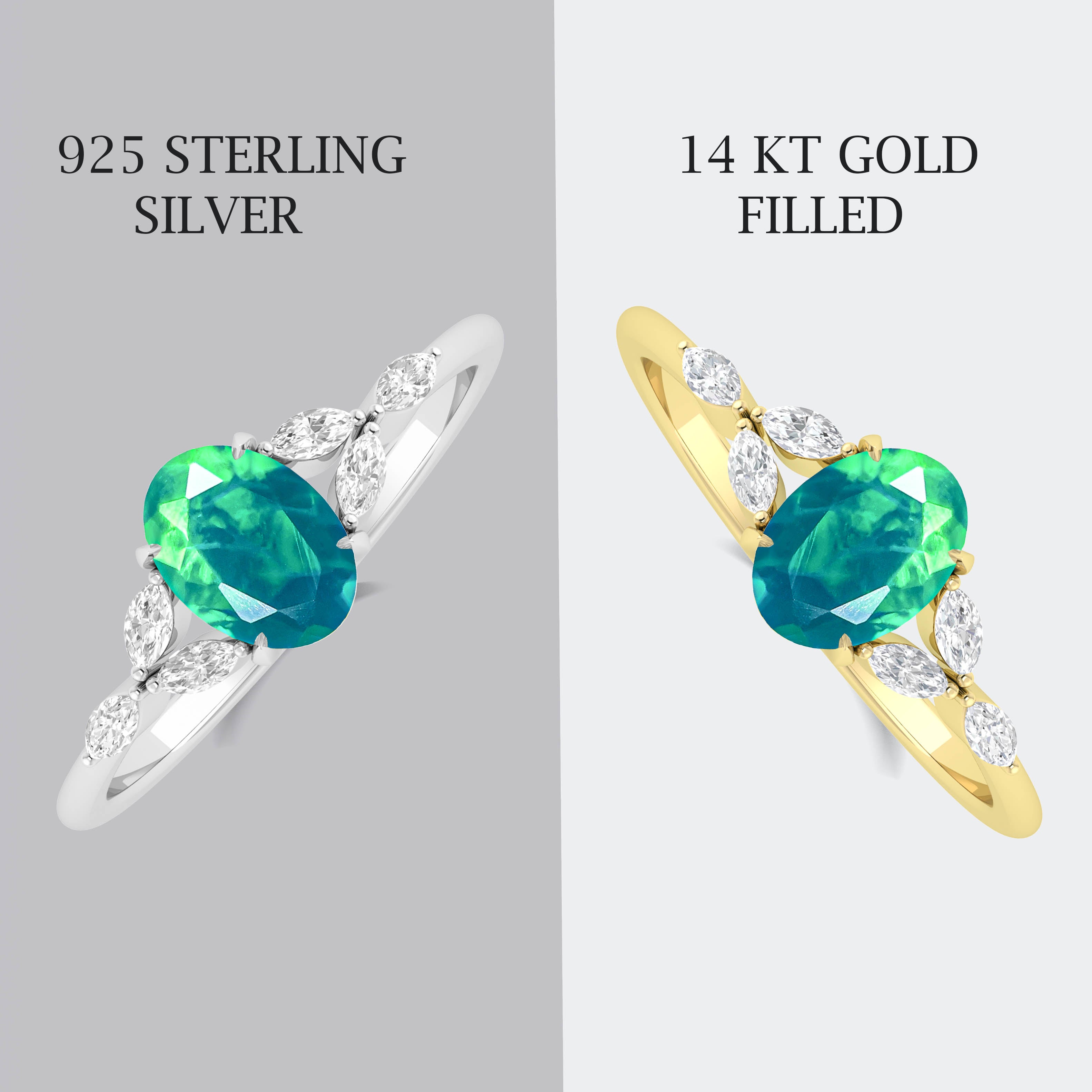 Oval Shape Natural Green Opal Statement Ring in Silver & Yellow Gold Filled