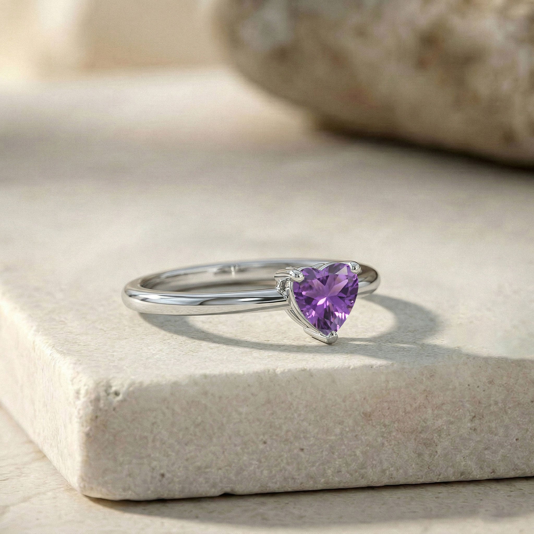 heart cut amethyst gemstone, natural birthstone ring, solitaire jewelry, elegant purple gemstone, women's fine jewelry, sterling silver elegance, yellow gold filled choice, anniversary jewelry gift, handcrafted gemstone ring, timeless romantic accessory, dainty jewelry, everyday elegance