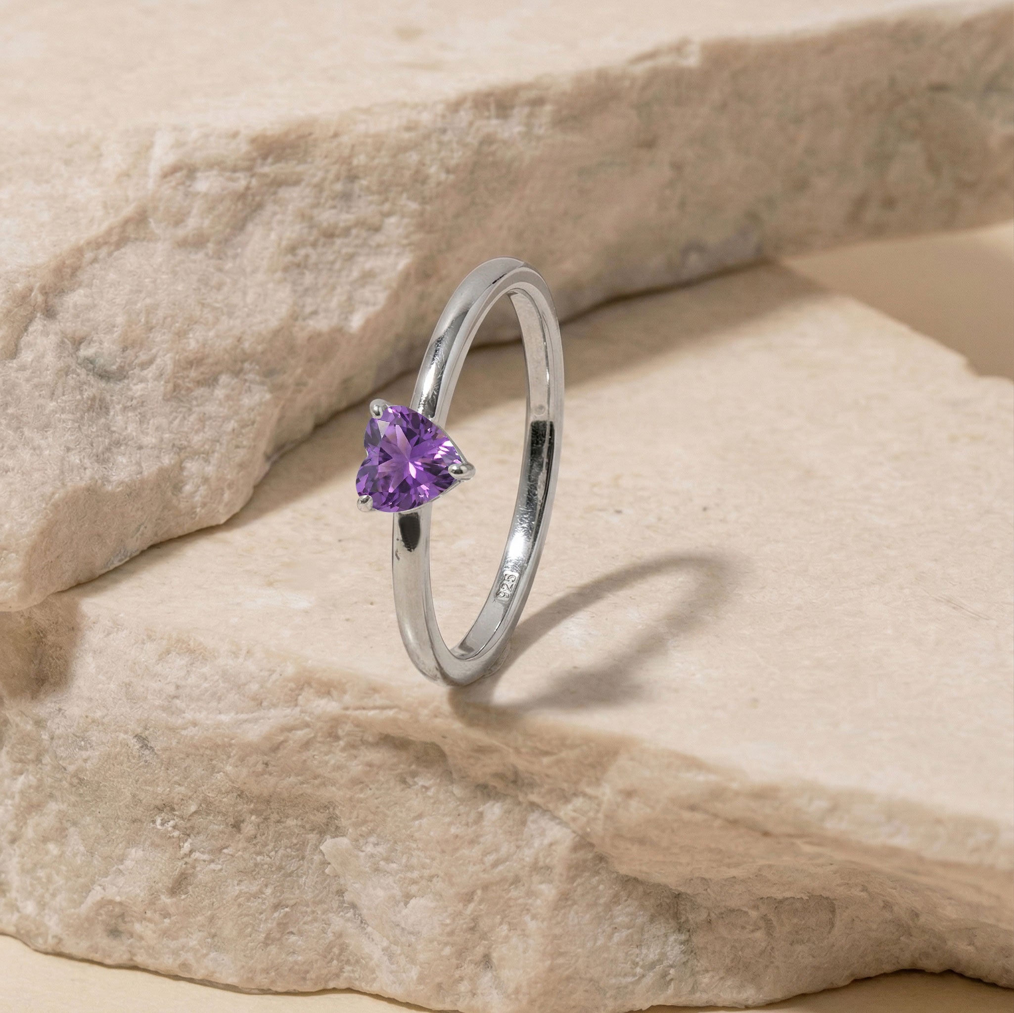 february birthstone heart ring, natural amethyst gemstone, solitaire purple jewelry, handcrafted women's ring, sterling silver gemstone jewelry, yellow gold filled choice, timeless fine accessory, minimalist heart design, sparkling gemstone gift, promise jewelry, elegant ring style, fashion jewelry
