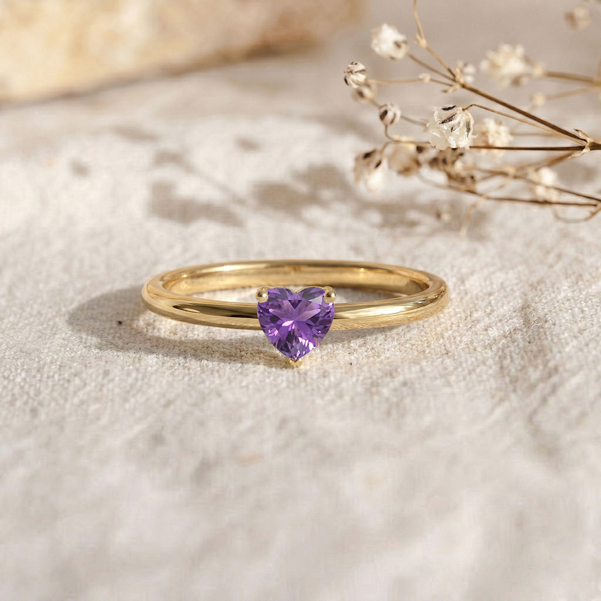 natural amethyst solitaire jewelry, heart gemstone ring, purple birthstone accessory, elegant solitaire style, classic women's ring, polished sterling silver, yellow gold filled choice, feminine jewelry, everyday luxury ring, handcrafted gemstone design, minimalist fine jewelry, heart engagement style