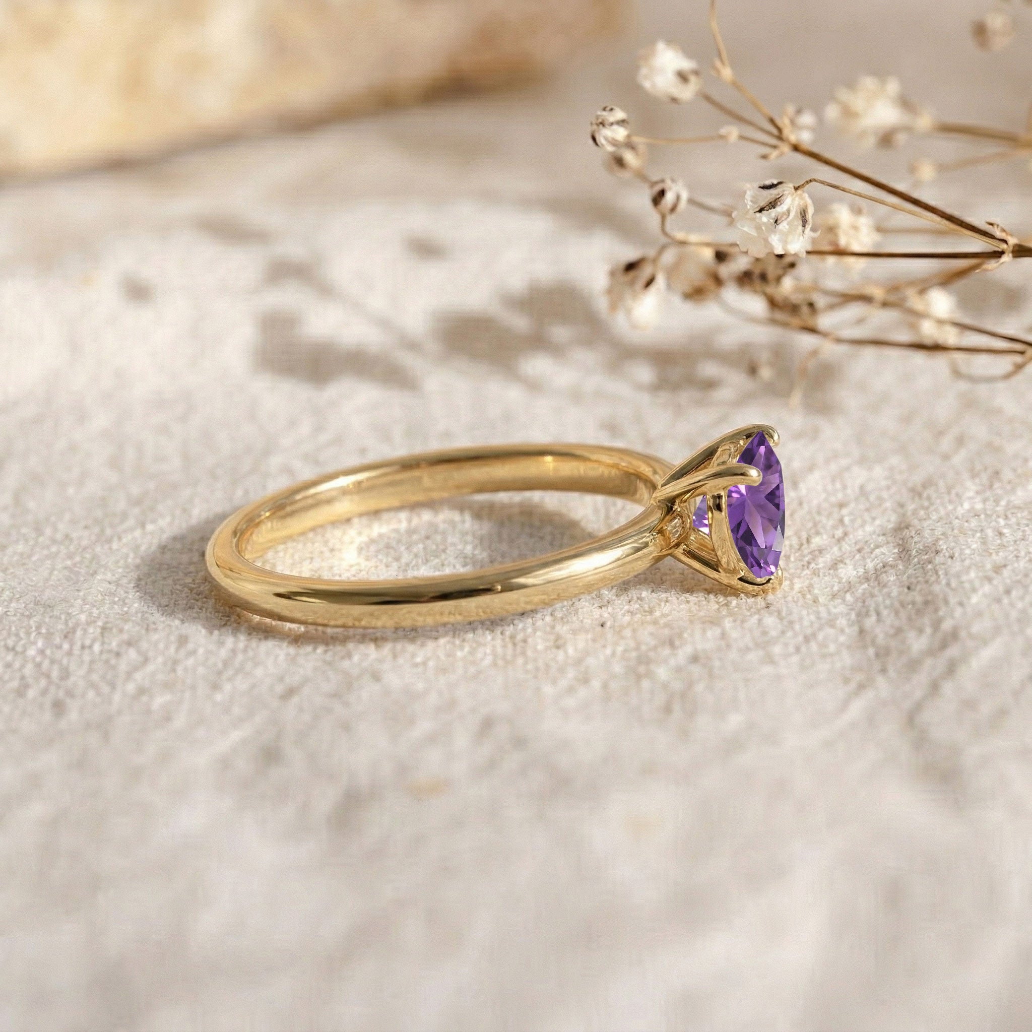 natural amethyst fashion ring, purple heart gemstone jewelry, solitaire setting design, elegant birthstone accessory, sterling silver women's ring, gold filled option, handcrafted luxury jewelry, meaningful romantic gift, classic gemstone elegance, everyday fine jewelry, polished finish, heart jewelry