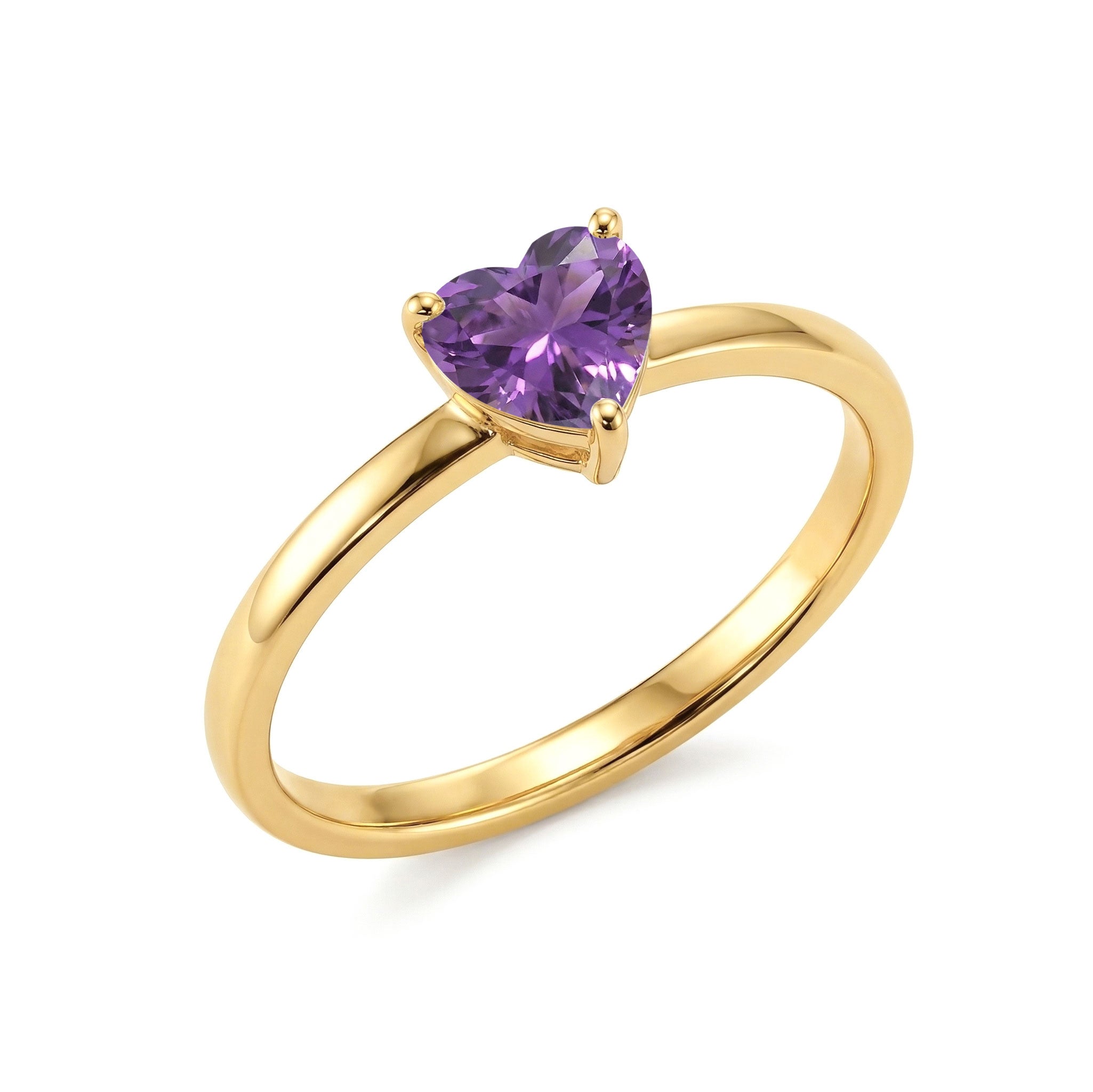 elegant amethyst heart solitaire, natural gemstone ring, purple birthstone jewelry, handcrafted women's accessory, sterling silver option, yellow gold filled option, meaningful gift ring, timeless minimalist jewelry, polished gemstone design, everyday luxury accessory, heart jewelry, fashion ring
