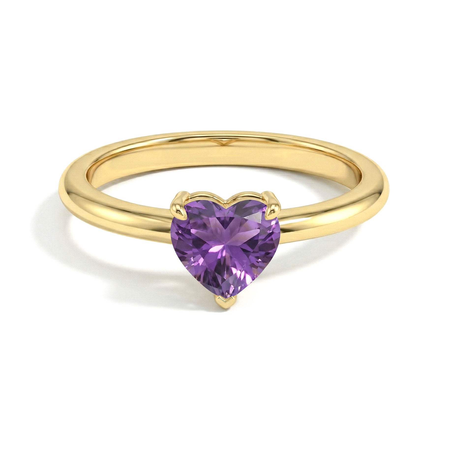 heart solitaire amethyst ring, natural purple gemstone, elegant birthstone jewelry, women's handcrafted ring, sterling silver fine jewelry, yellow gold filled selection, promise gift accessory, classic minimalist design, sparkling gemstone elegance, anniversary keepsake, fashion jewelry, luxury gift