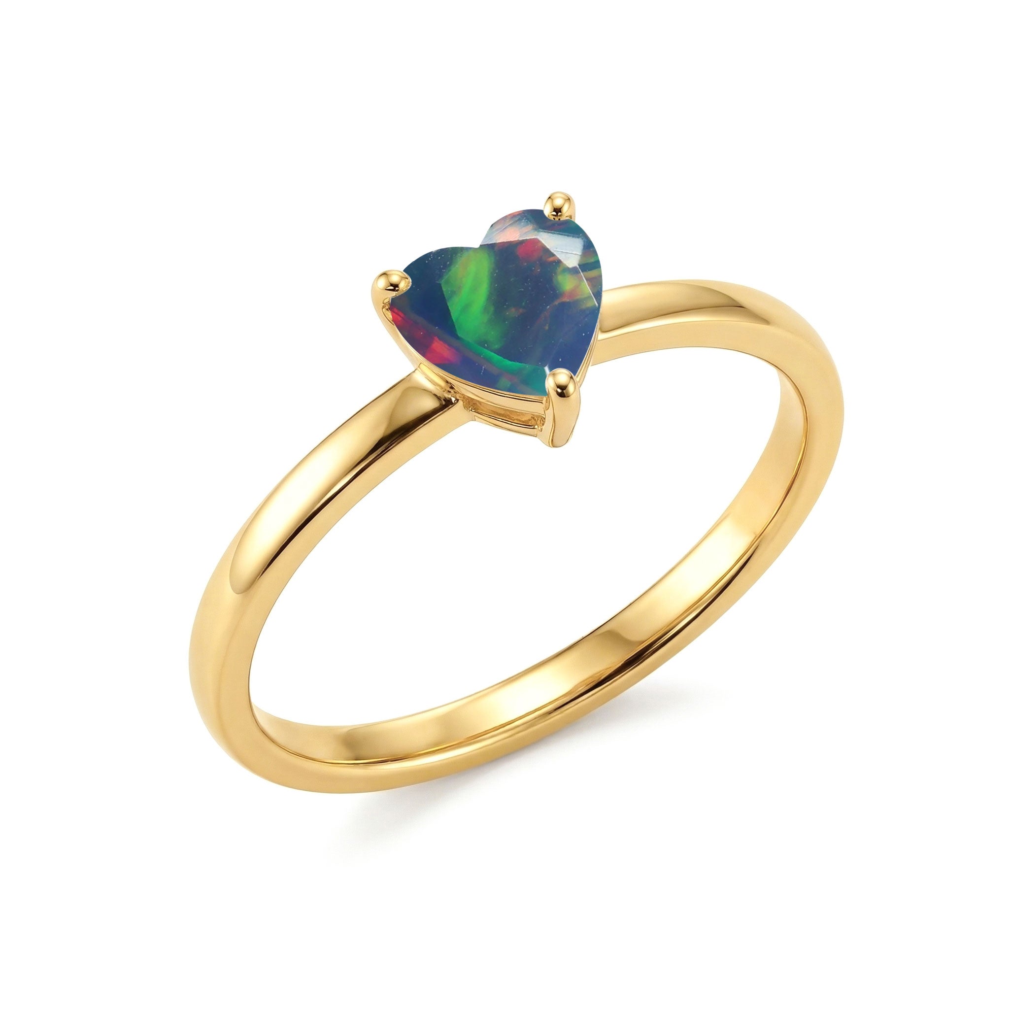 natural black opal solitaire, heart gemstone accessory, polished fine jewelry, elegant women's ring, colorful iridescent gemstone, handcrafted design, promise ring gift, luxury jewelry collection, timeless fashion, romantic jewelry, everyday ring, anniversary accessory, gemstone sparkle, delicate ring, artisan made