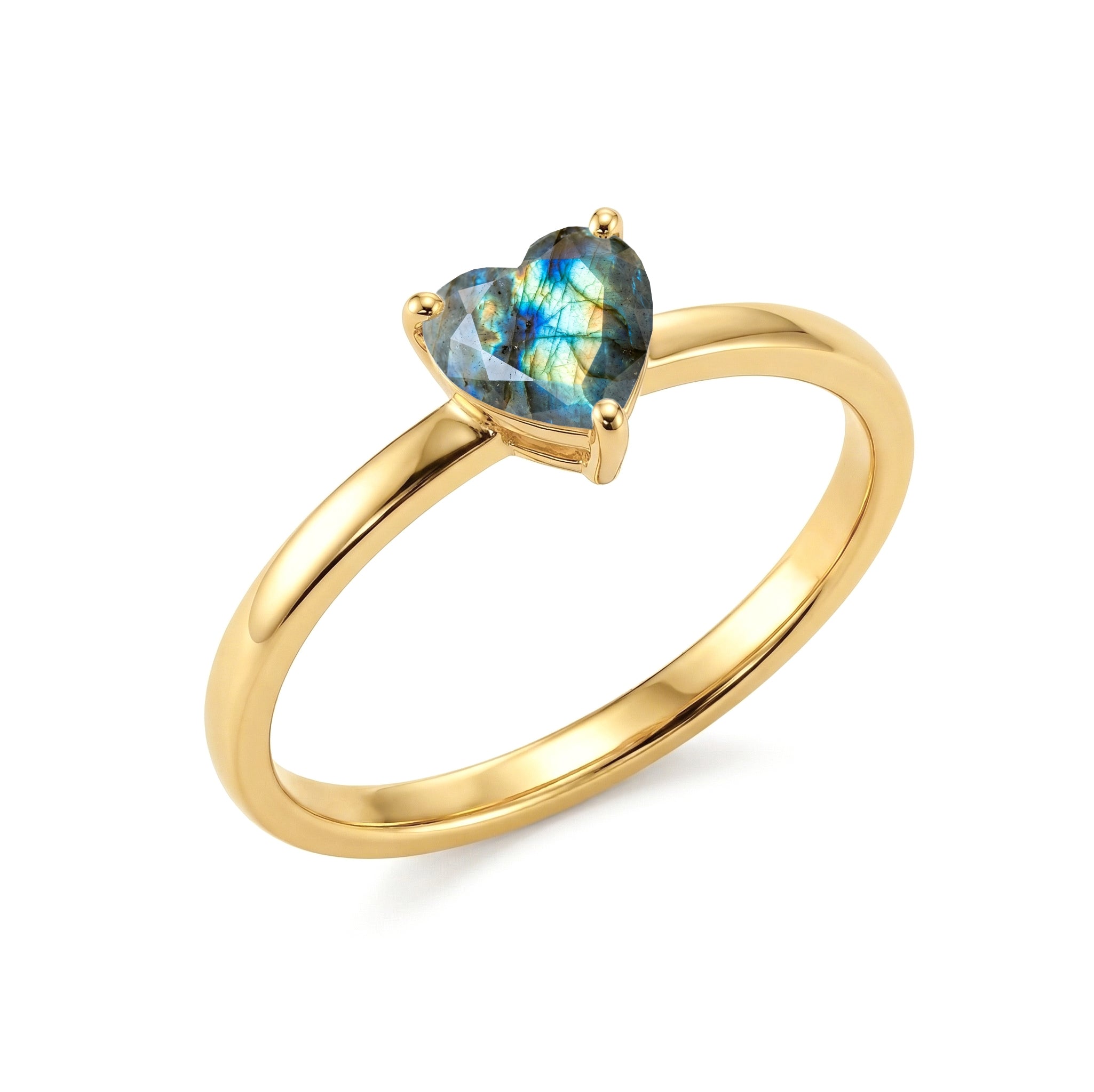 labradorite heart solitaire jewelry, blue iridescent gemstone, handcrafted promise ring, elegant women's fashion, polished jewelry craftsmanship, artisan gemstone ring, romantic jewelry design, timeless solitaire elegance, birthday jewelry gift, natural gemstone collection, refined heart jewelry, minimalist style, luxury accessory, premium gemstone, classic design