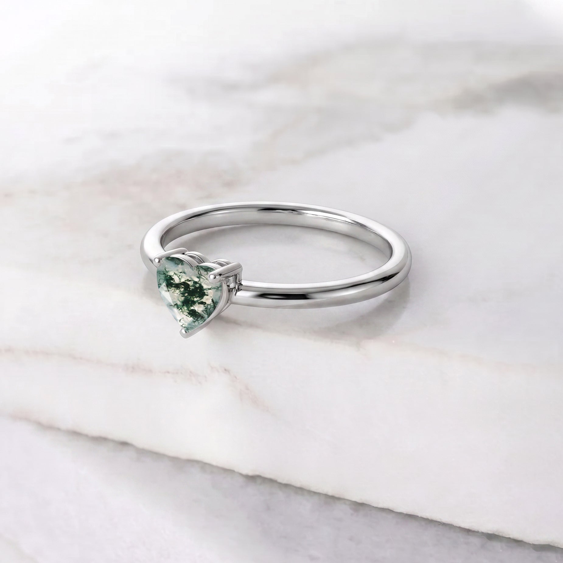 heart cut moss agate jewelry, natural gemstone accessory, woodland engagement ring, elegant promise jewelry, artisan heart ring, unique gemstone collection, women luxury jewelry, botanical inspired gemstone, minimalist solitaire design, meaningful gift jewelry, sophisticated gemstone style, handcrafted elegance