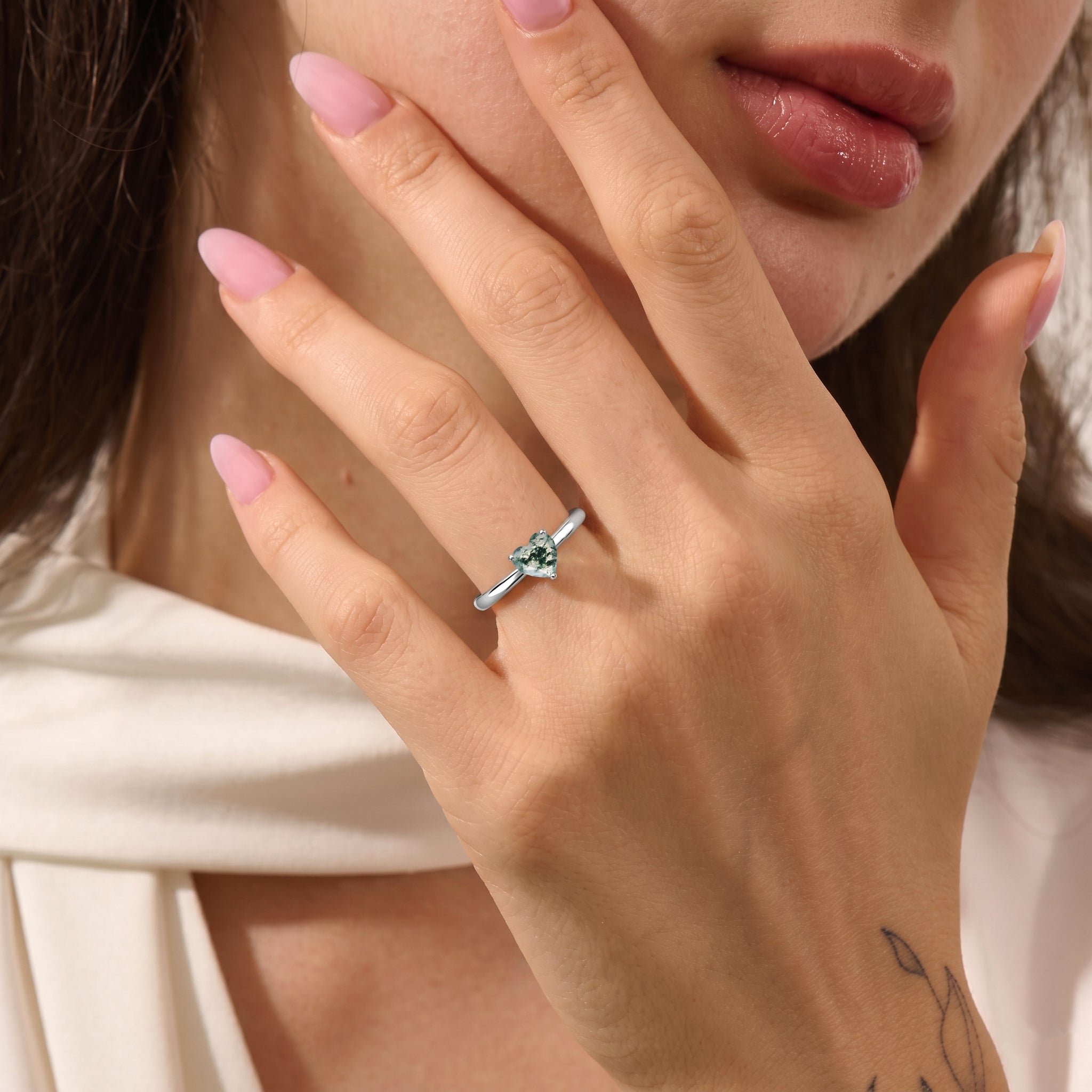 natural moss agate promise ring, woodland gemstone jewelry, solitaire heart design, botanical elegance, minimalist gemstone accessory, unique natural jewelry, heart engagement ring, fine jewelry gift, elegant women accessory, handcrafted gemstone creation, classic jewelry style, everyday ring