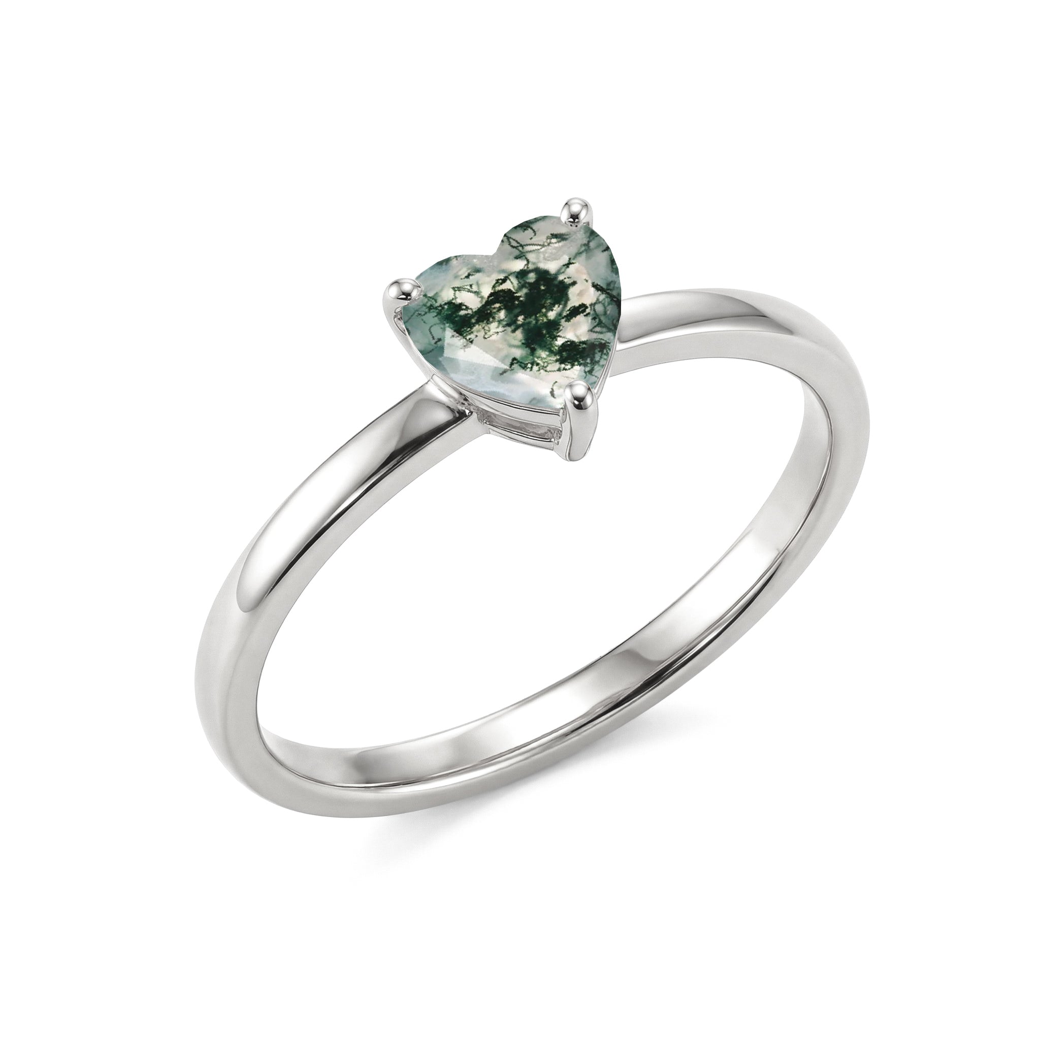 moss agate heart gemstone jewelry, unique natural inclusions, elegant solitaire setting, handcrafted gemstone ring, women fine jewelry, botanical style accessory, romantic engagement jewelry, minimalist luxury fashion, timeless gemstone elegance, artisan crafted jewelry, classic heart design, gemstone gift