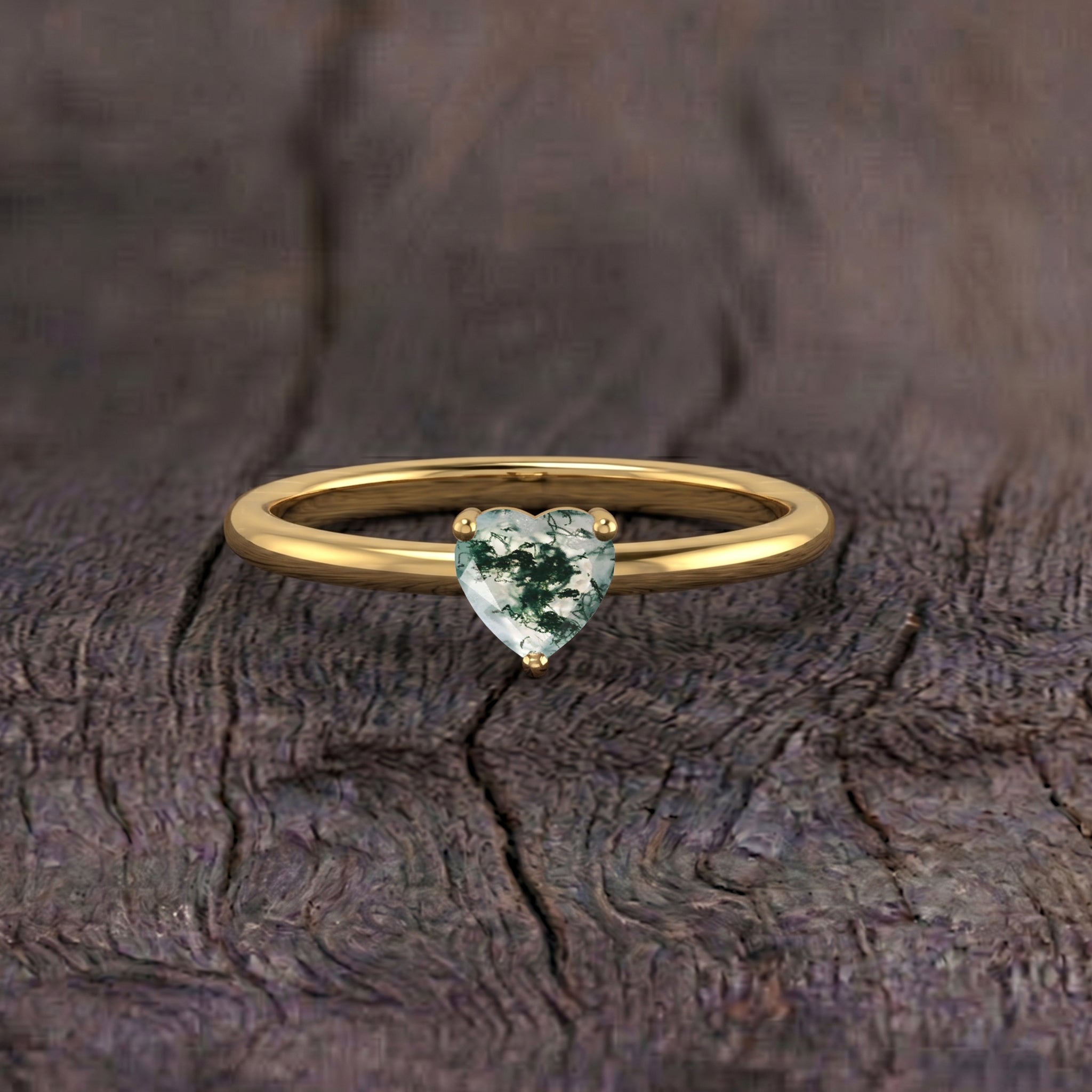 natural moss agate jewelry, heart shaped gemstone ring, botanical pattern gemstone, solitaire promise jewelry, handcrafted gemstone ring, elegant everyday jewelry, classic heart setting, women fine jewelry, minimalist engagement jewelry, timeless gemstone accessory, unique natural stone, artisan jewelry
