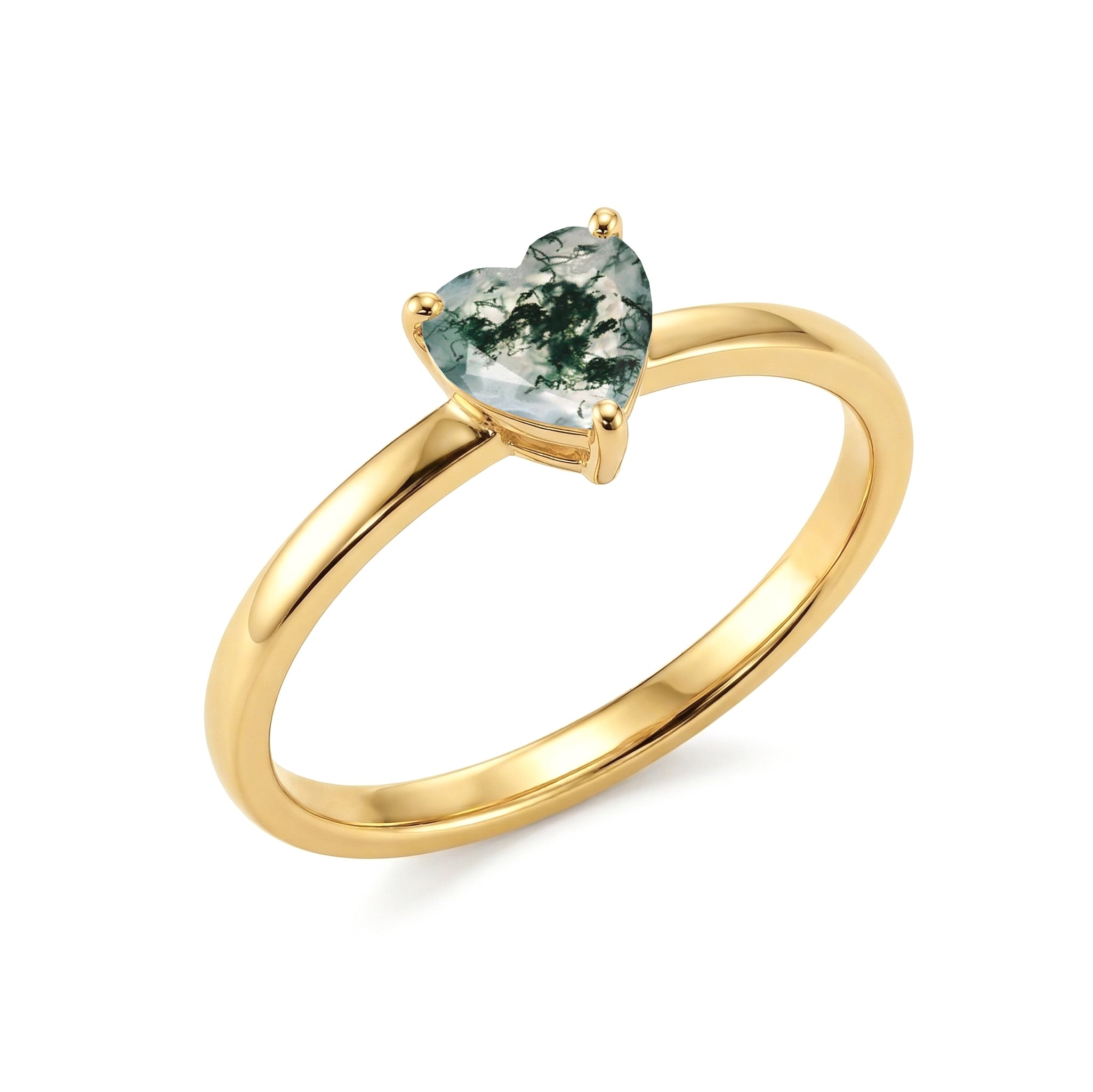 natural moss agate solitaire jewelry, heart gemstone accessory, organic gemstone character, elegant promise ring, artisan handcrafted jewelry, minimalist engagement accessory, timeless women jewelry, botanical gemstone design, sophisticated ring style, luxury gemstone gift, nature inspired fashion, heart jewelry