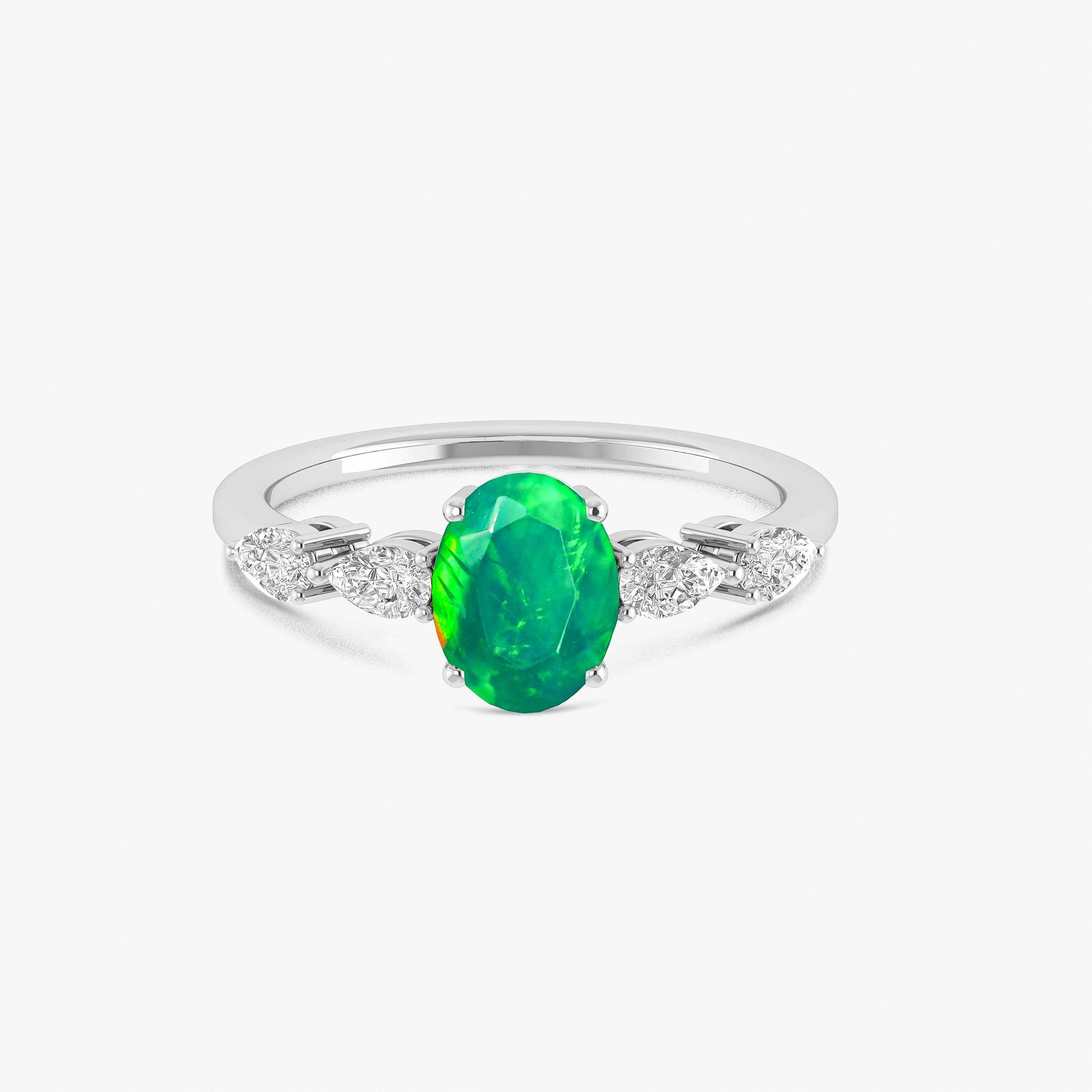 Green Genuine Opal Silver Ring for Women