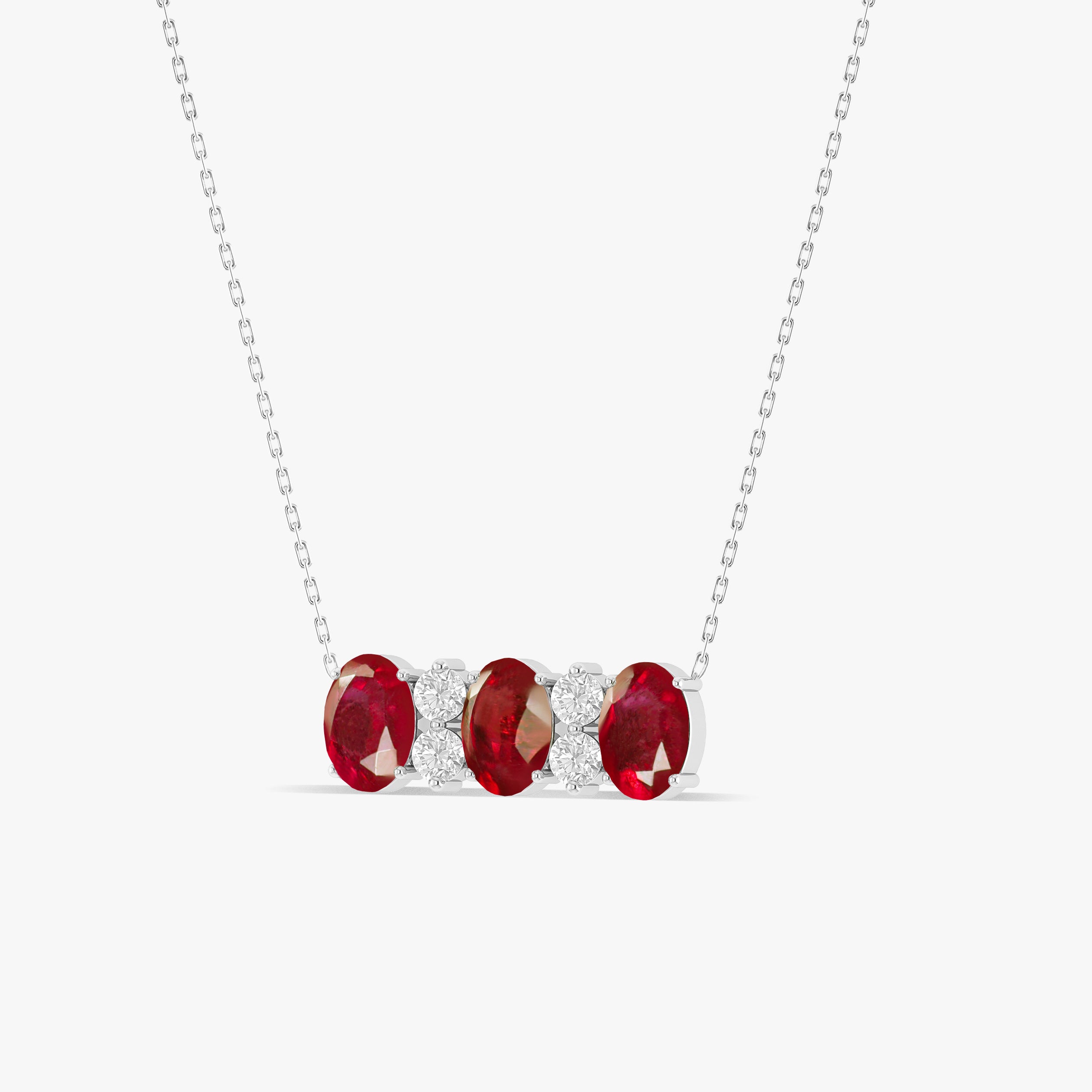 Oval Shape Natural Ruby 3 Stone Pendant Necklace