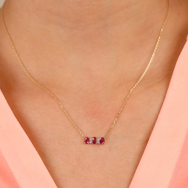 Oval Shape Natural Ruby 3 Stone Pendant Necklace