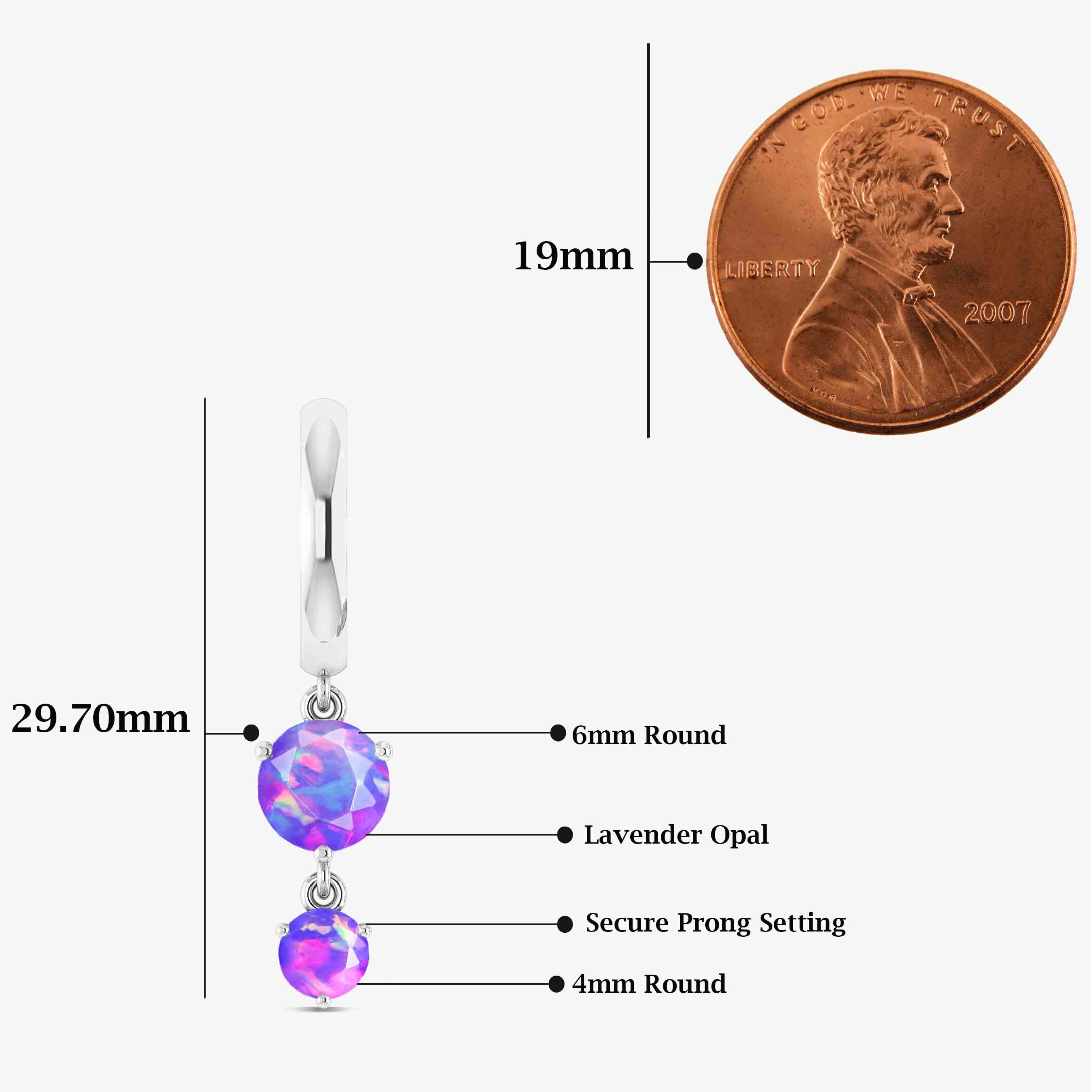 2 Round Stone Natural Lavender Opal Drop Hoop Earrings