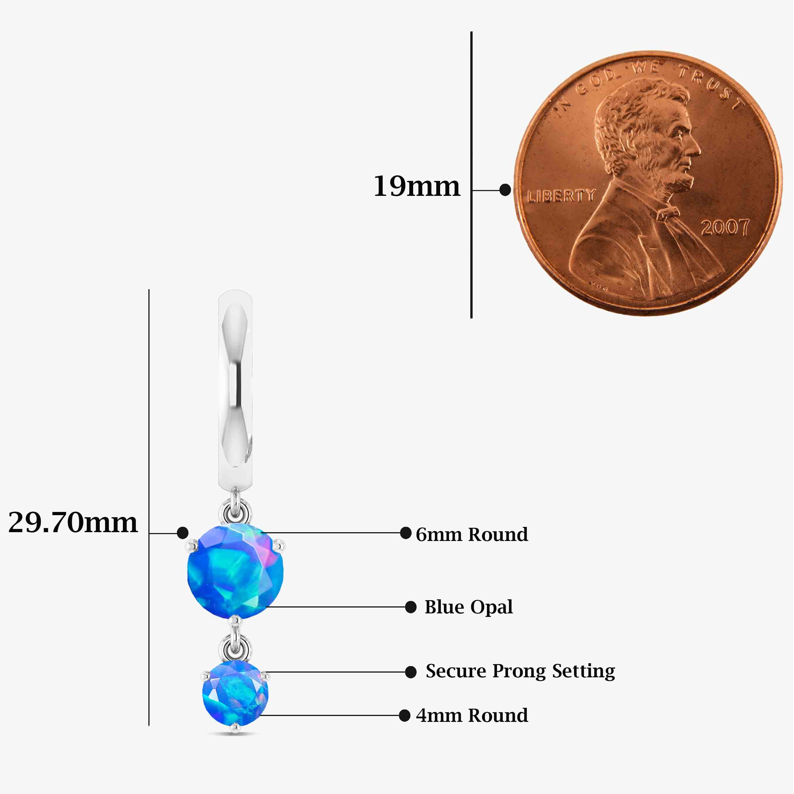 2 Round Stone Natural Blue Opal Drop Hoop Earrings