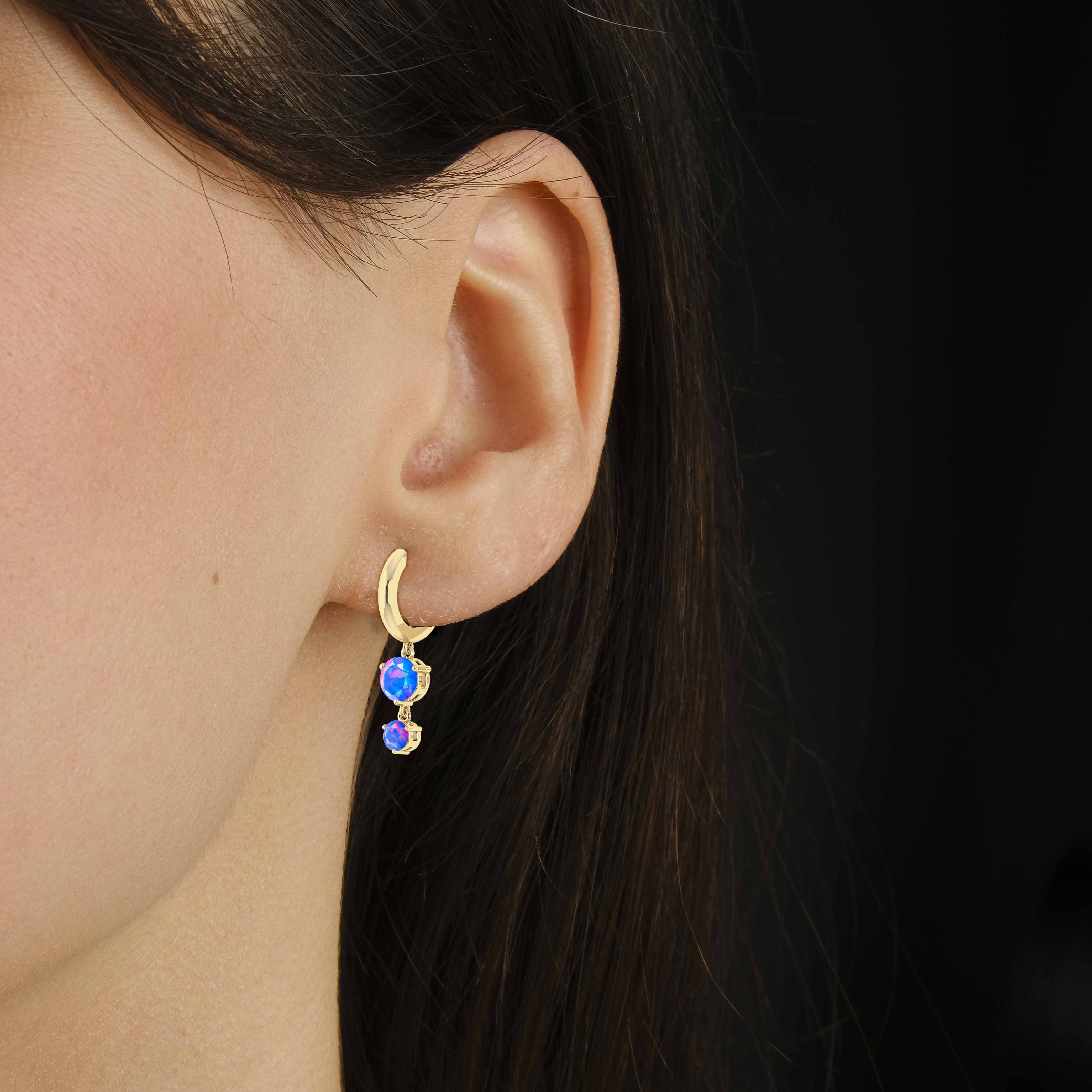 2 Round Stone Natural Blue Opal Drop Hoop Earrings