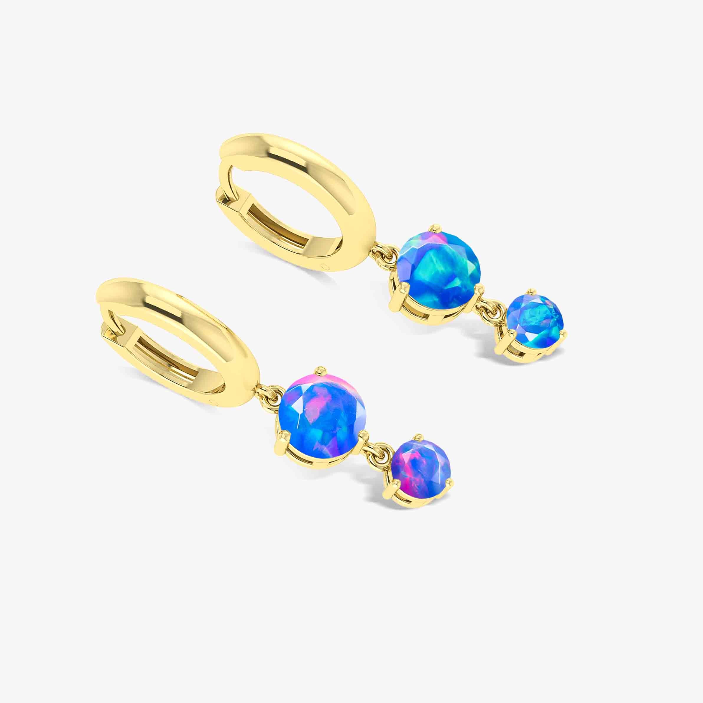 2 Round Stone Natural Blue Opal Drop Hoop Earrings