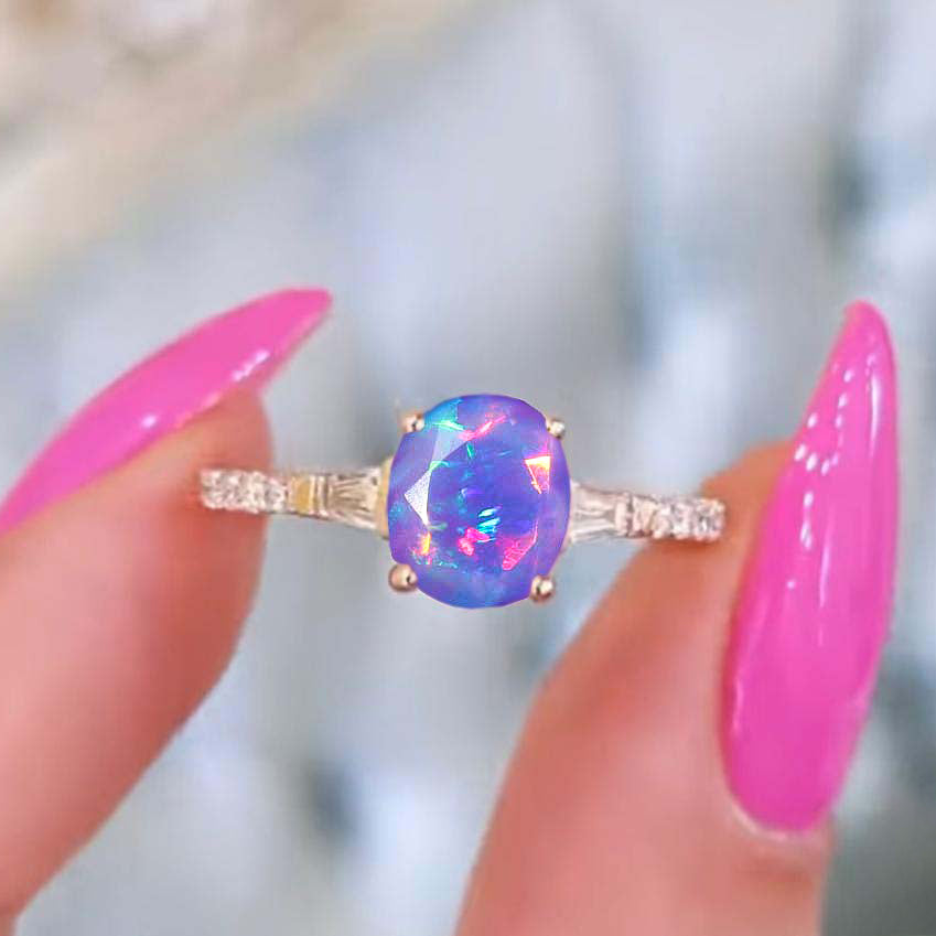 Natural Lavender Opal with Zircon Three Stone Engagement Ring