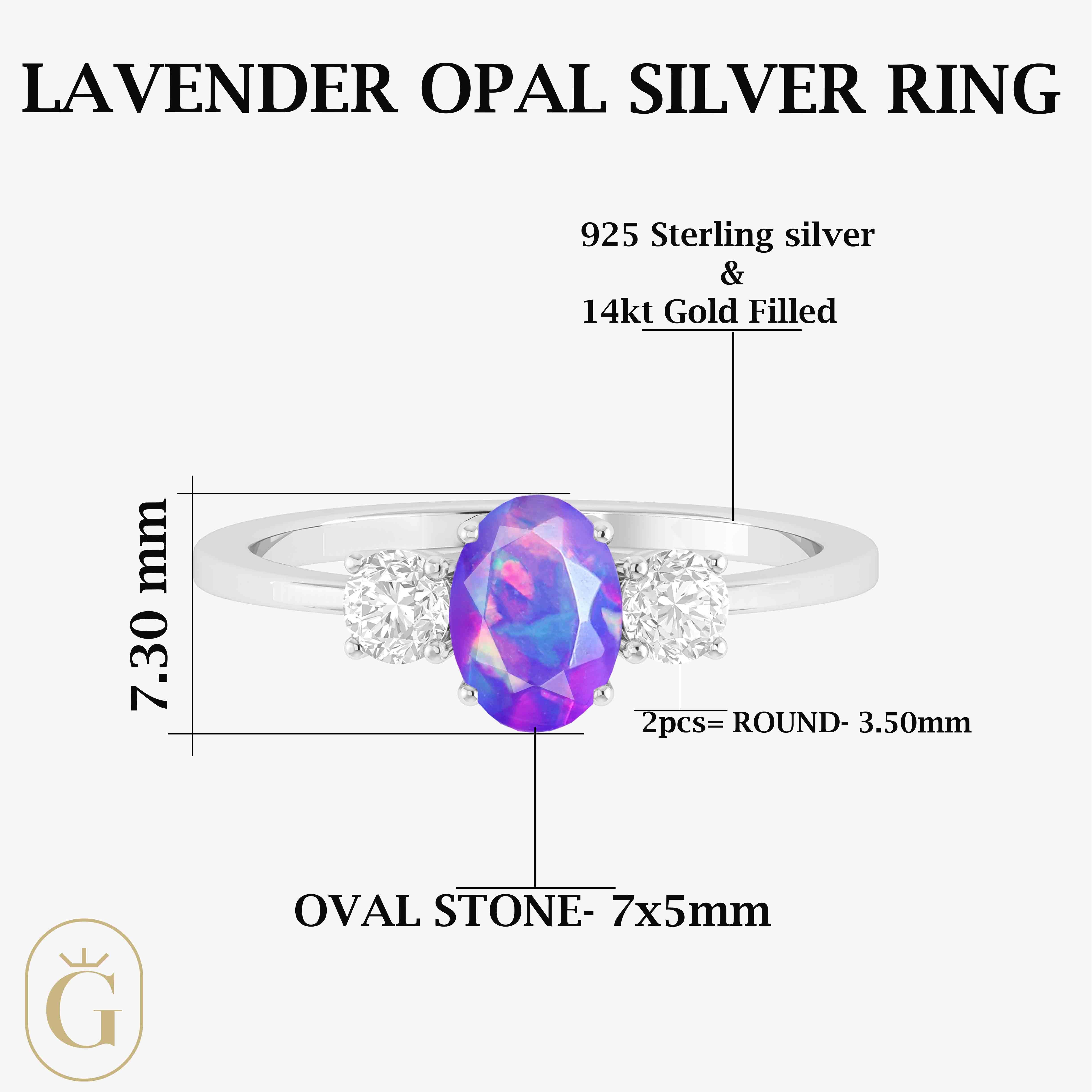 Natural Lavender Opal and White Zircon Engagement Three Stone Ring