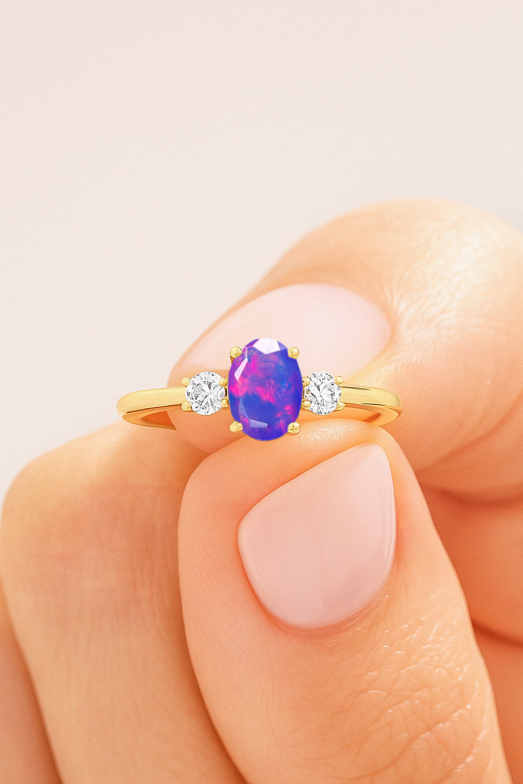 Natural Lavender Opal and White Zircon Engagement Three Stone Ring