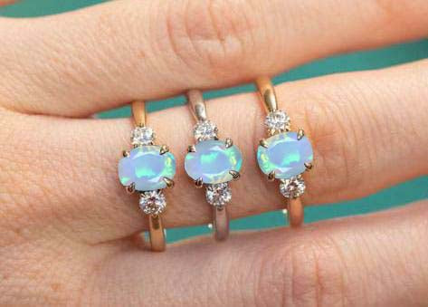 Natural White Opal and Zircon Engagement Three Stone Ring
