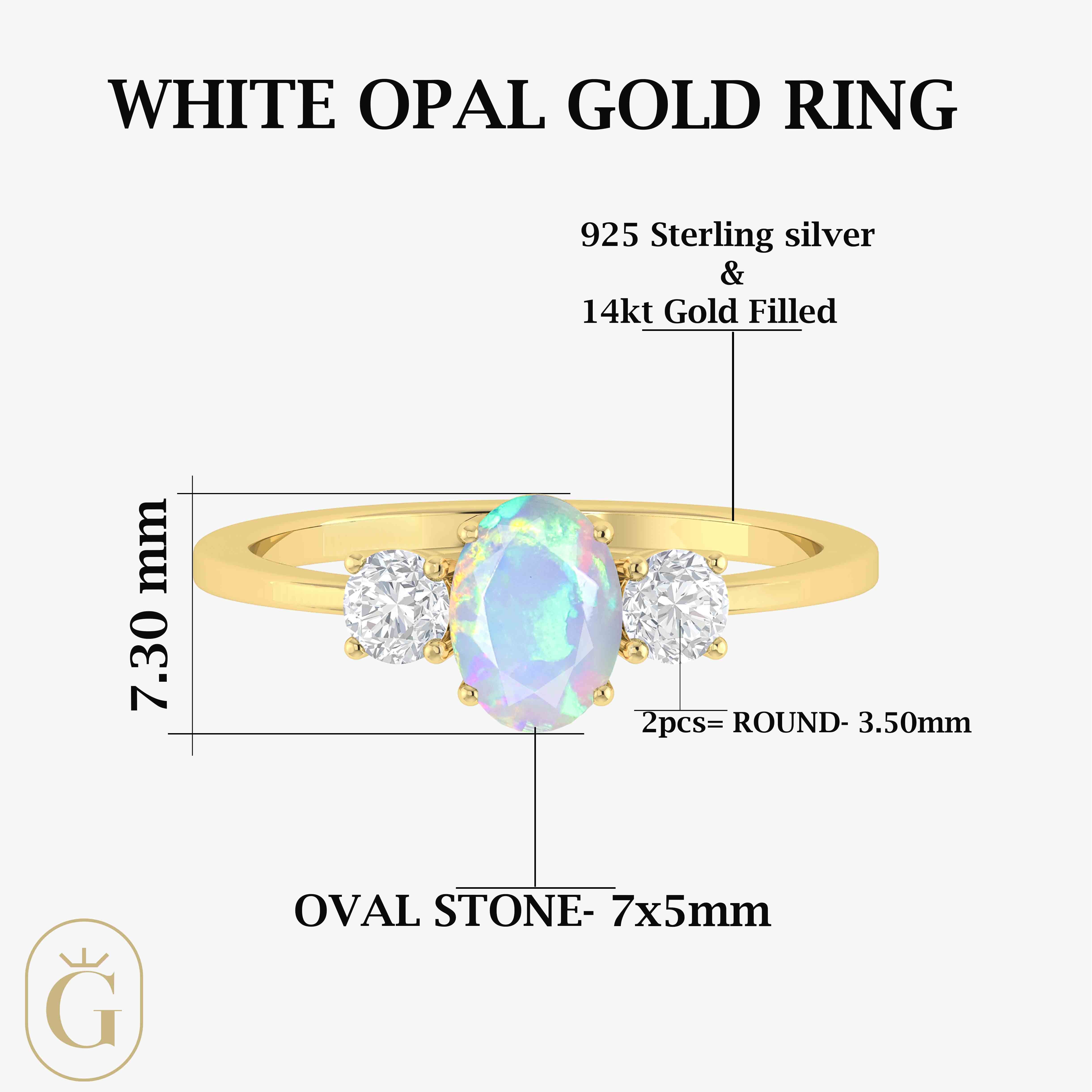 Natural White Opal and Zircon Engagement Three Stone Ring