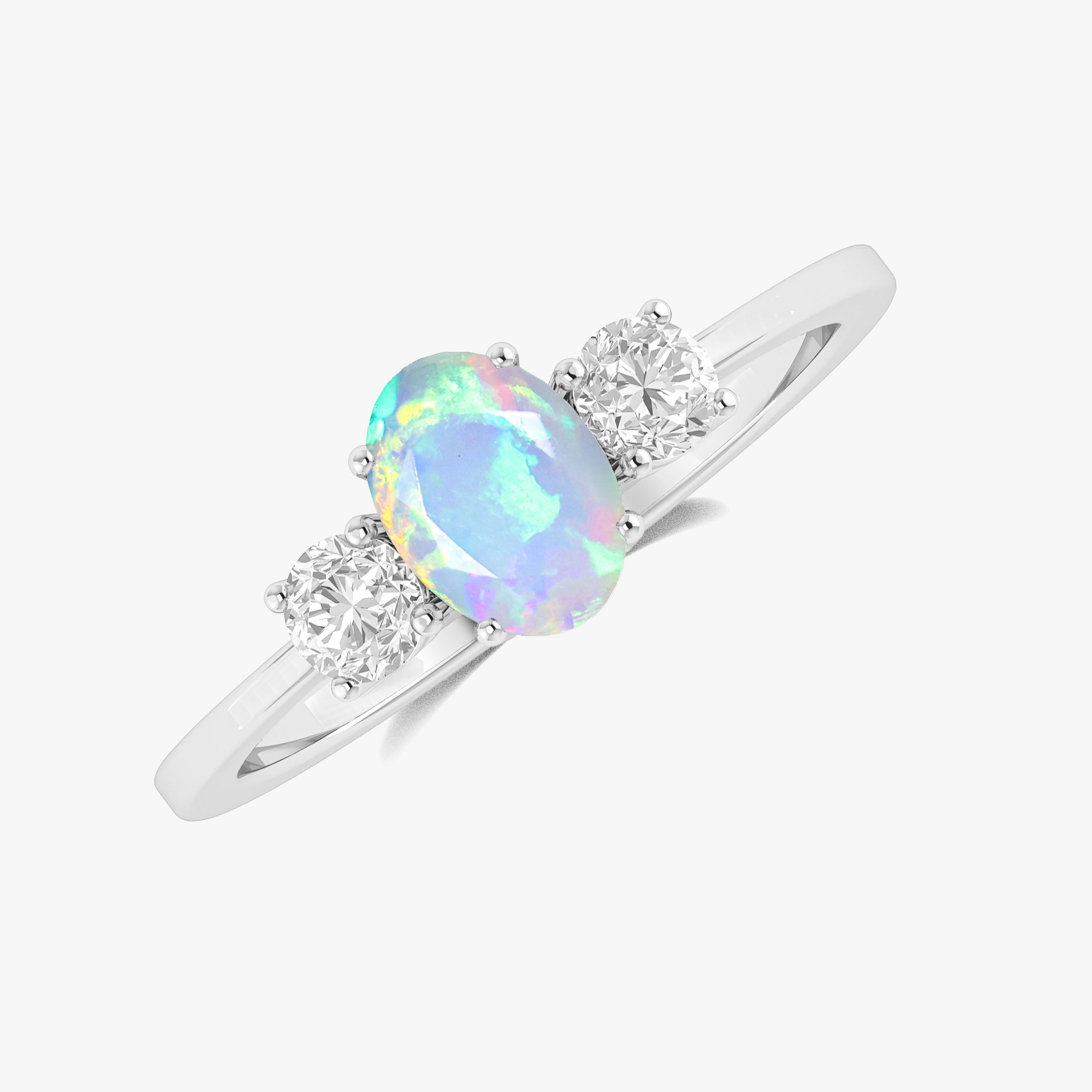 Natural White Opal and Zircon Engagement Three Stone Ring