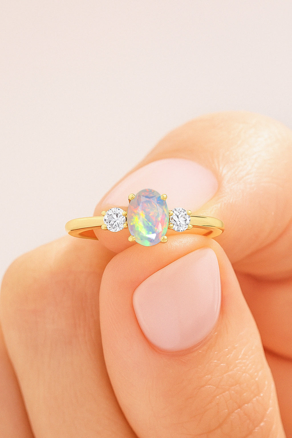 Natural White Opal and Zircon Engagement Three Stone Ring