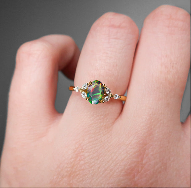 Oval Shape Natural Black Opal Statement Ring in Silver & Yellow Gold Filled