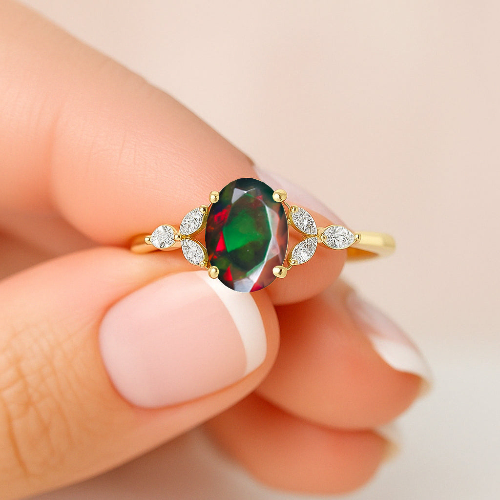 Oval Shape Natural Black Opal Statement Ring in Silver & Yellow Gold Filled