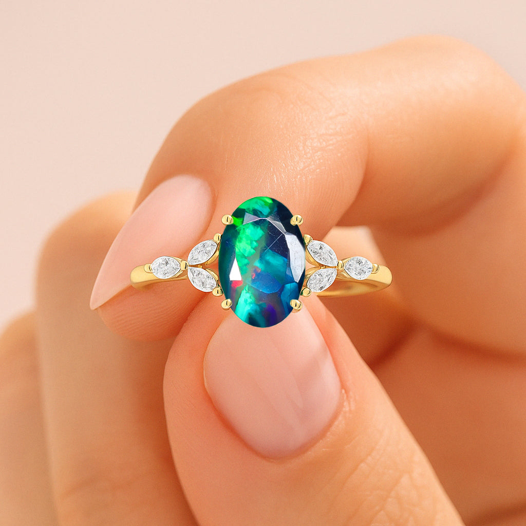 Oval Shape Natural Black Opal Statement Ring in Silver & Yellow Gold Filled