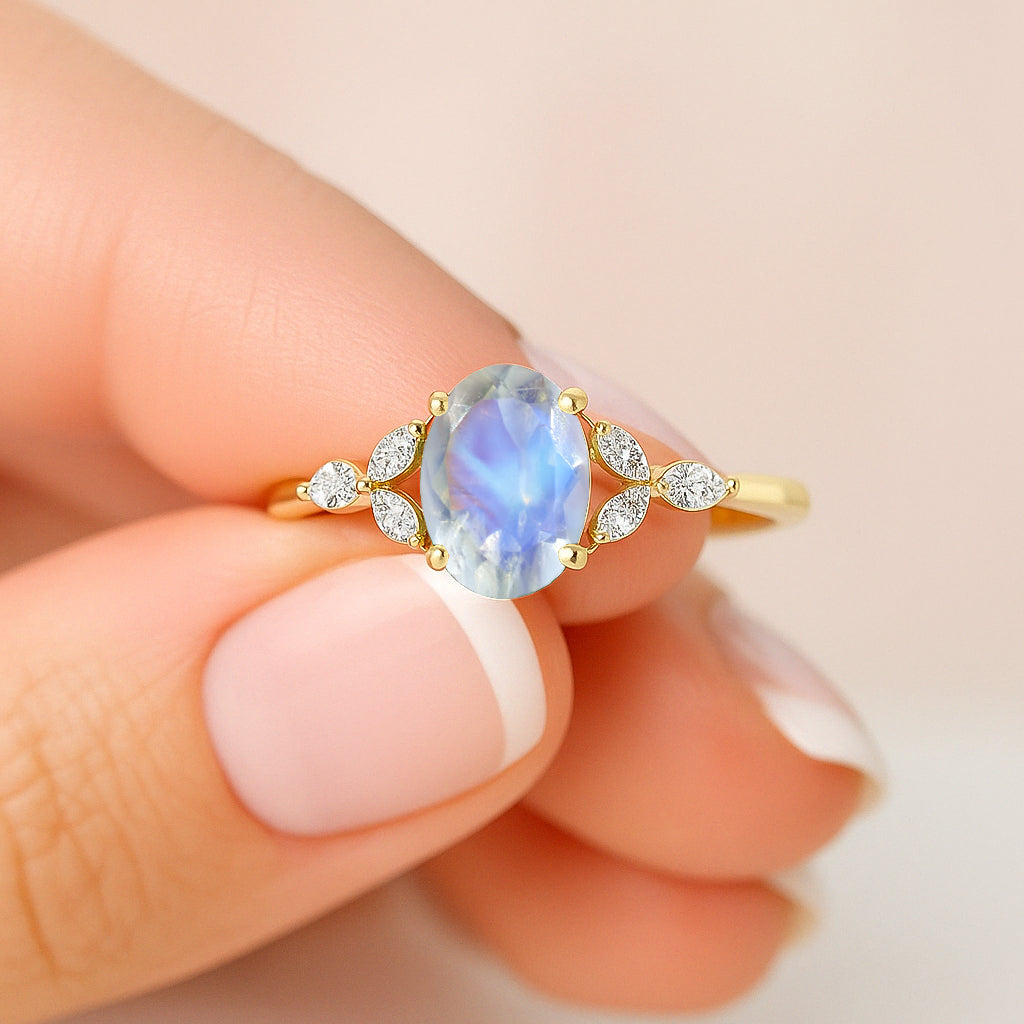 Oval Shape Natural Moonstone Statement Ring in Silver & Yellow Gold Filled