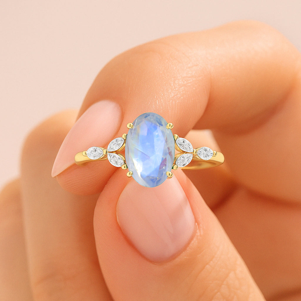 Oval Shape Natural Moonstone Statement Ring in Silver & Yellow Gold Filled
