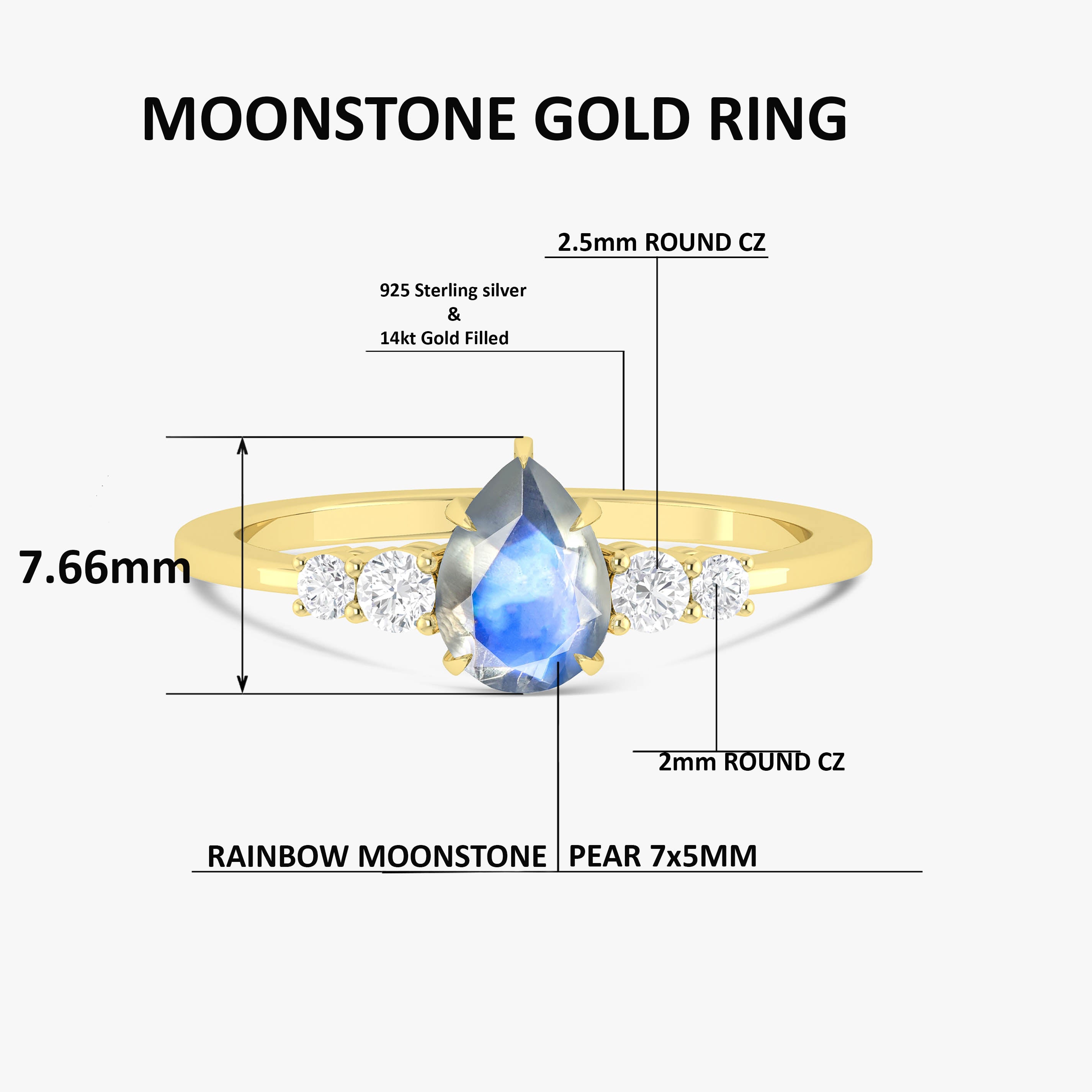 Natural Rainbow Moonstone Faceted Pear Ring