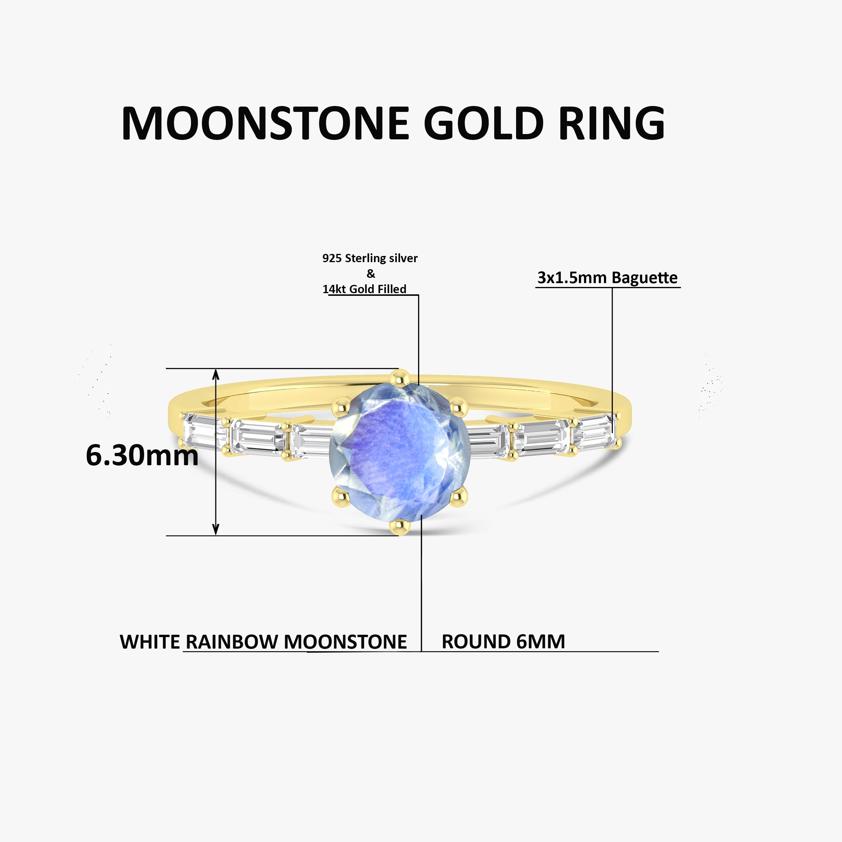 Round Shape Natural Moonstone Ring with White Zircon Side Stone