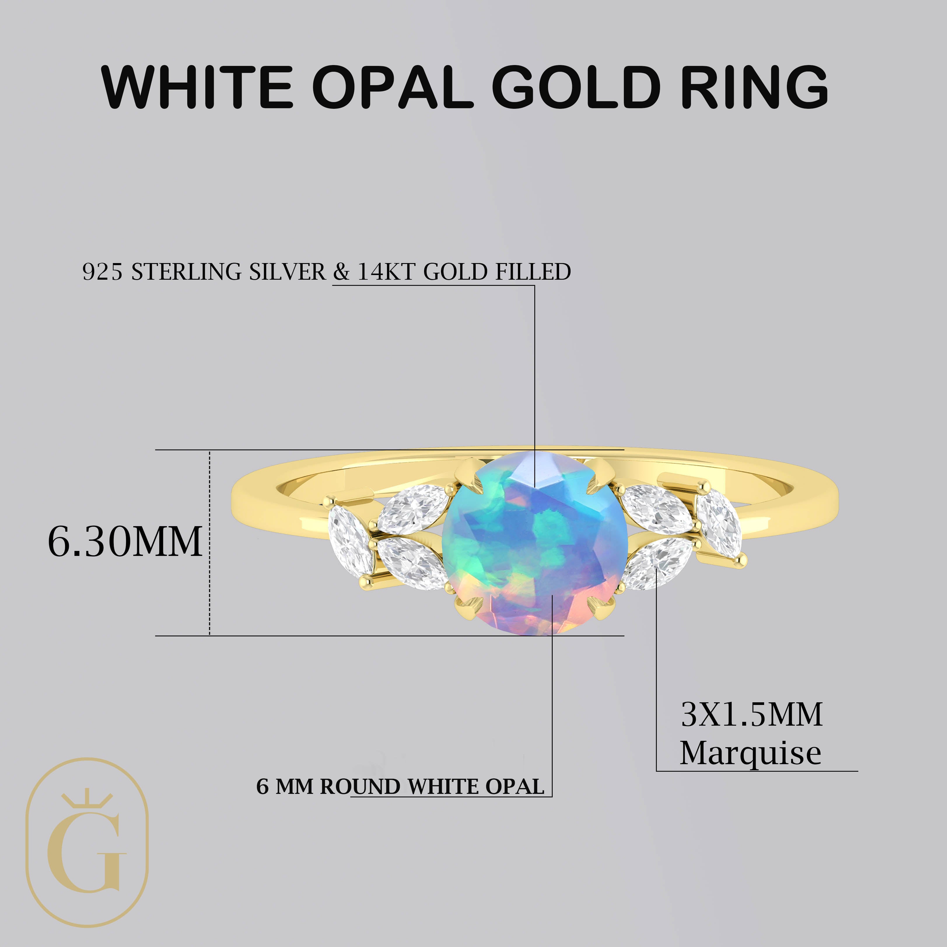 Natural White Opal Round Stone Statement Ring in Silver & Gold Filled