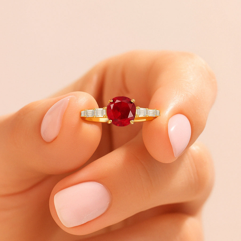 Round Shape Natural Ruby Ring with White Zircon Side Stone