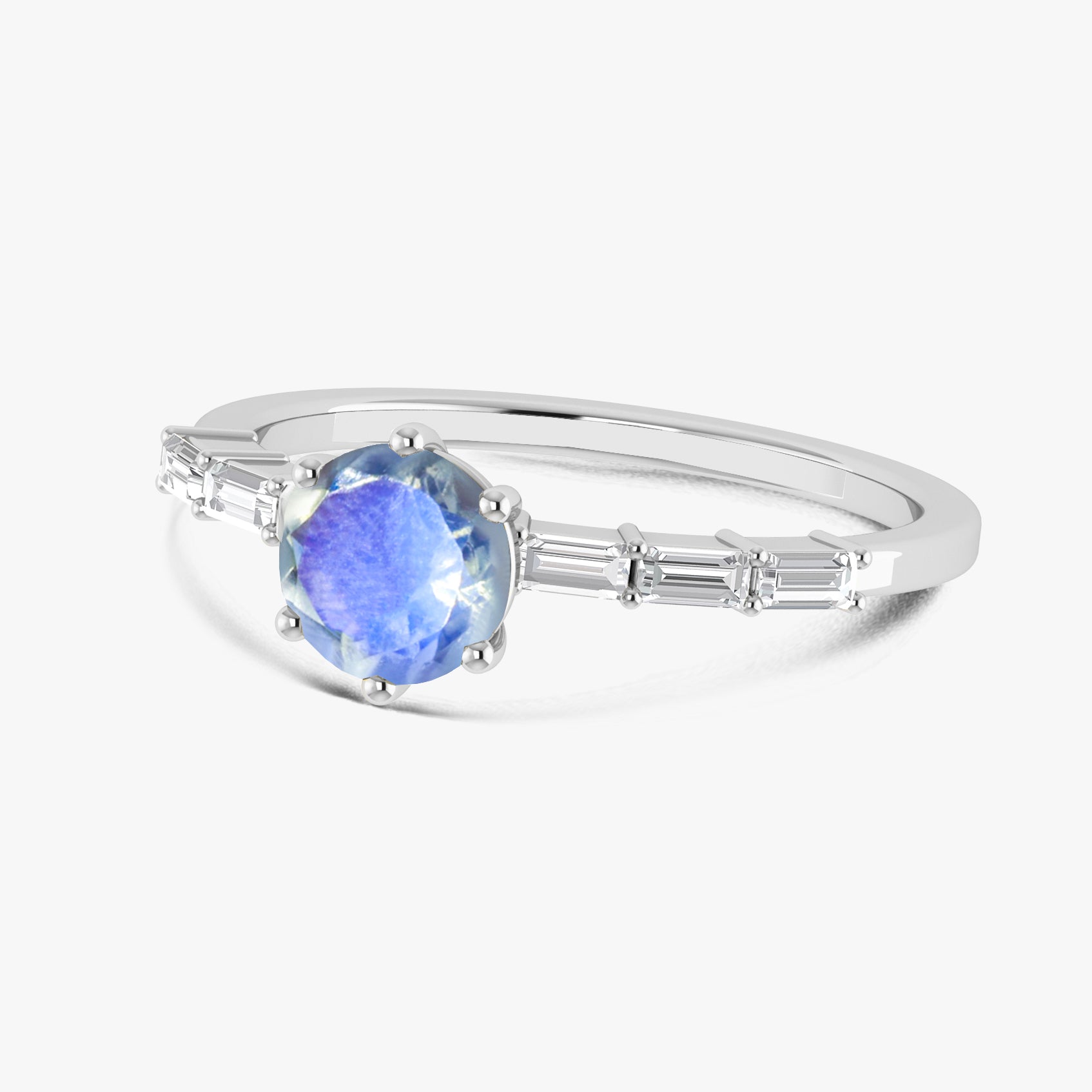 Round Shape Natural Moonstone Ring with White Zircon Side Stone
