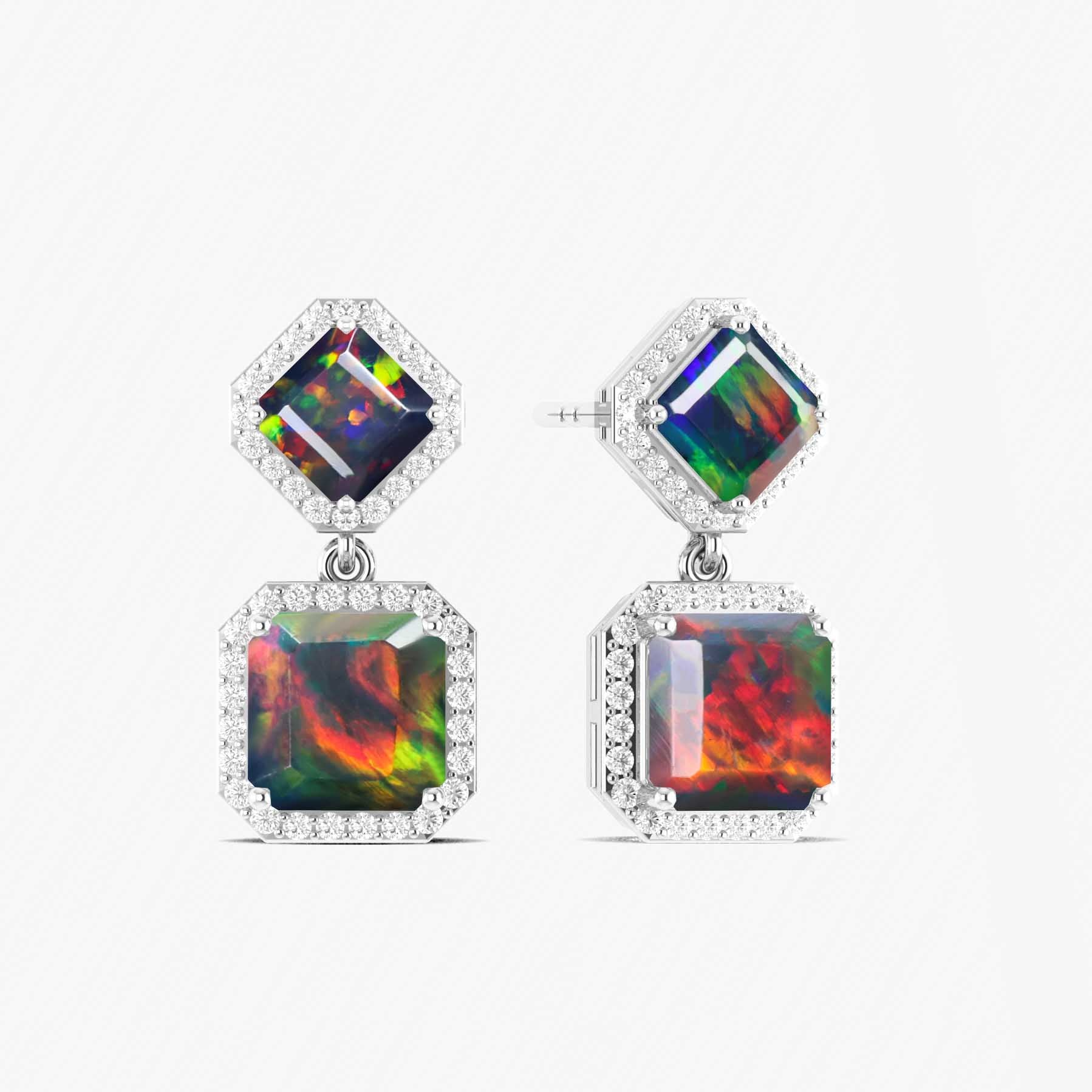 Real Silver Black Multifire Opal Octagon Halo Drop Earrings