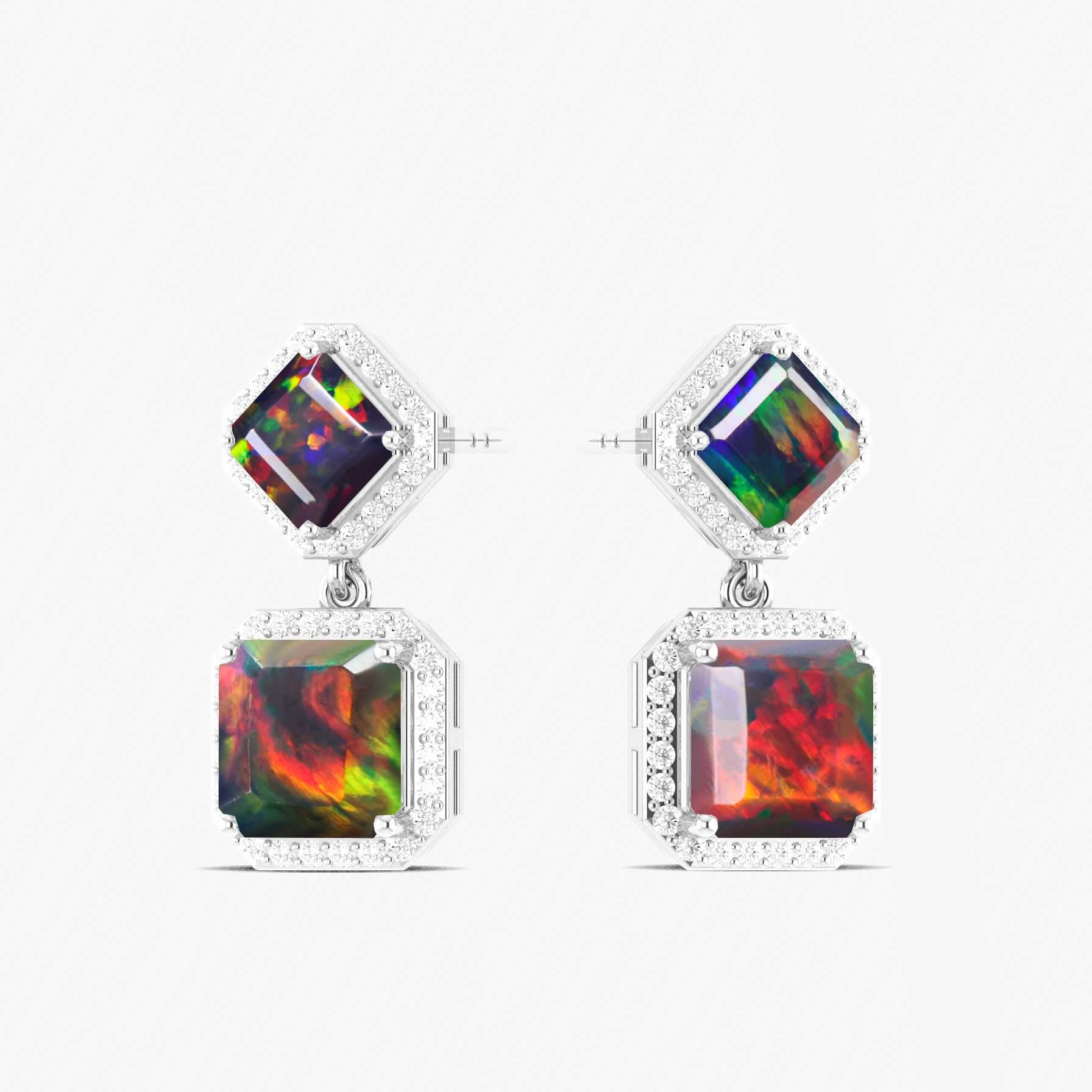 Black Opal 7x5mm Octagon Halo Drop Earring in 925 Silver 3.5ct