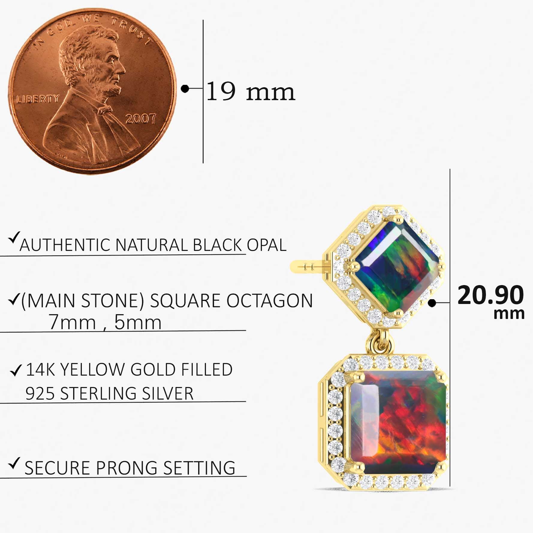 Black Opal 7x5mm Octagon Halo Drop Earring in 925 Silver 3.5ct