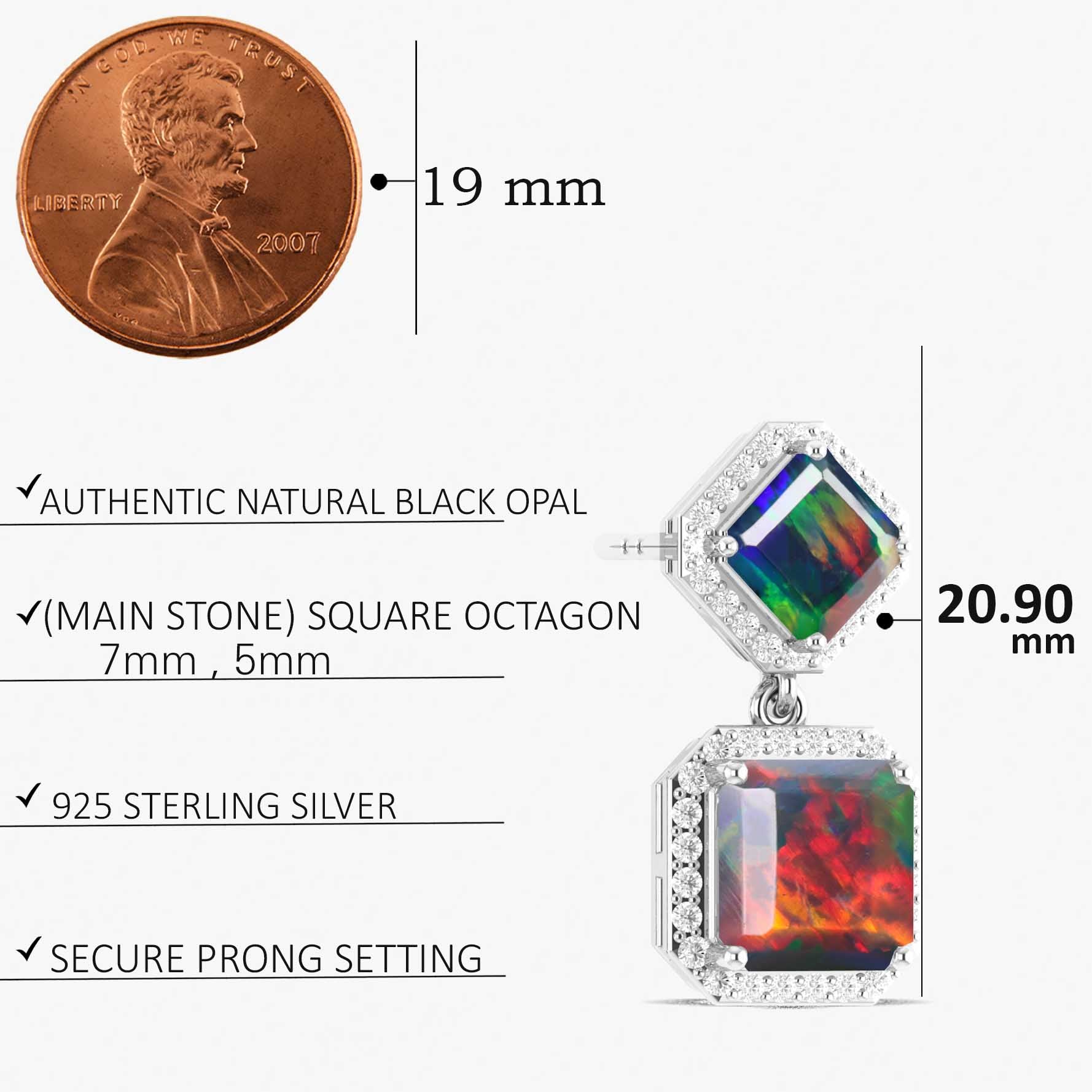 Black Opal 7x5mm Octagon Halo Drop Earring in 925 Silver 3.5ct