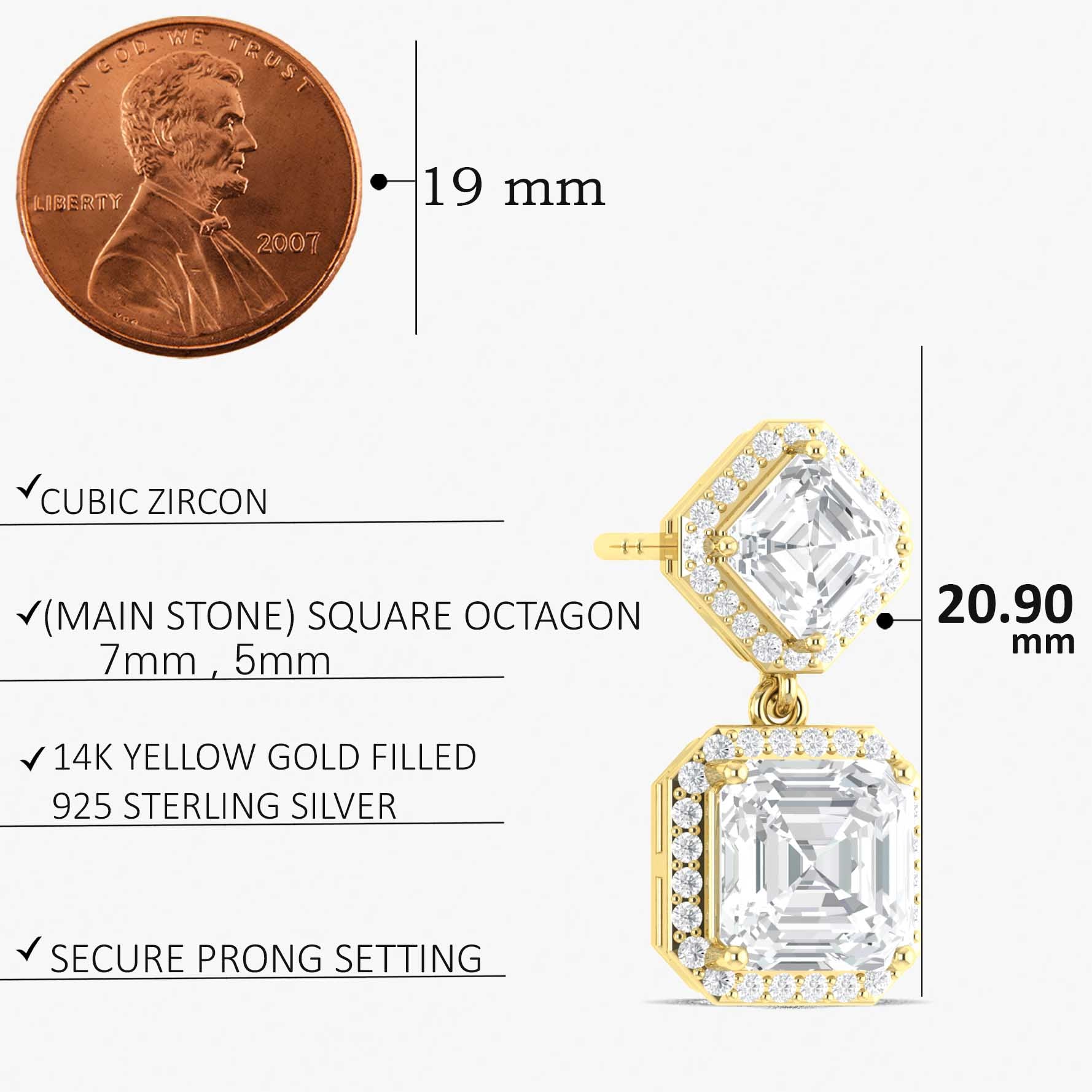 Cubic Zirconia 7x5mm Octagon Halo Drop Earring in 925 Silver 4ct